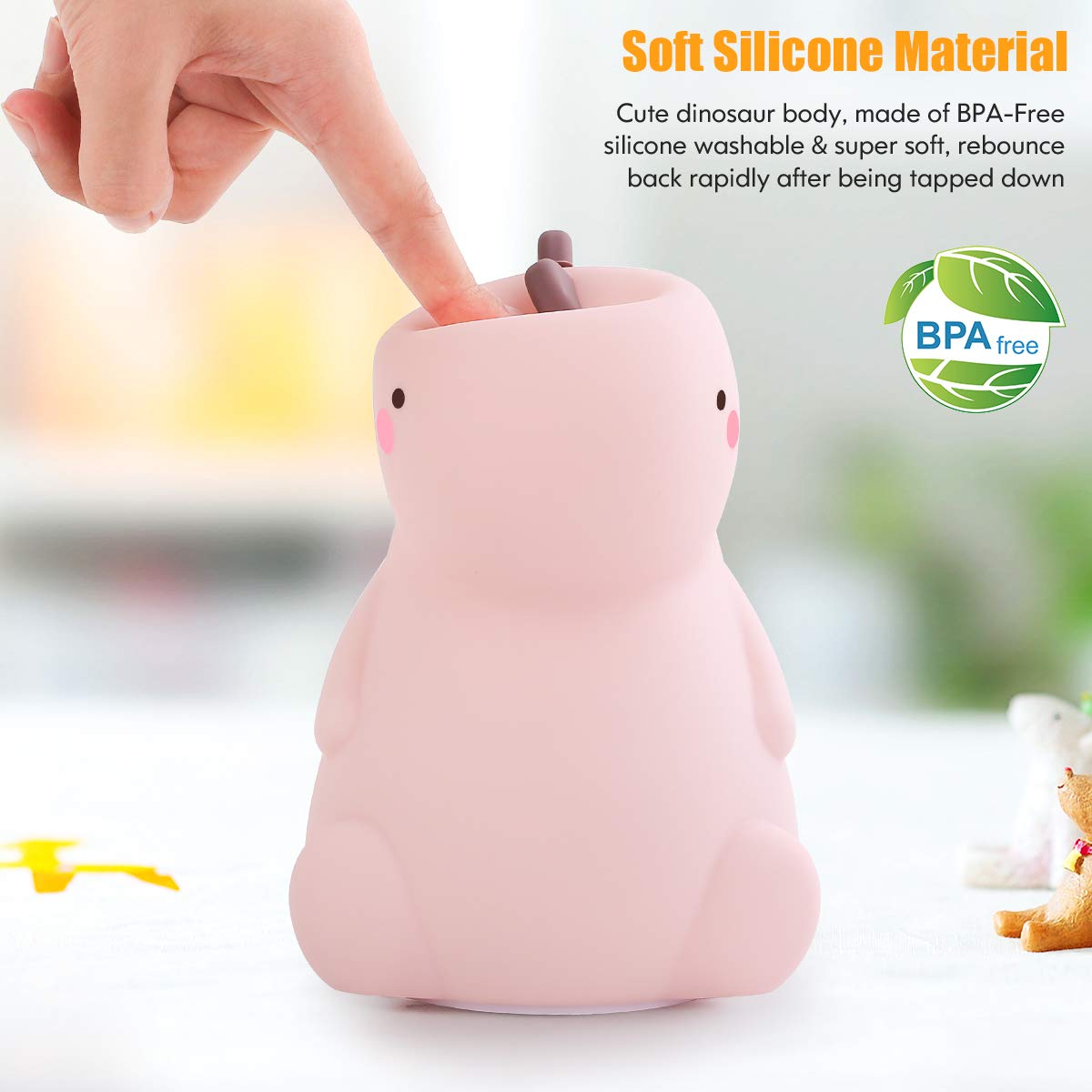 Cute Dinosaur Lamp, Toddler Night Light For Kids, 3 Level Dimmable Touch Night Light For Baby Nursery, Rechargeable Silicone Squ