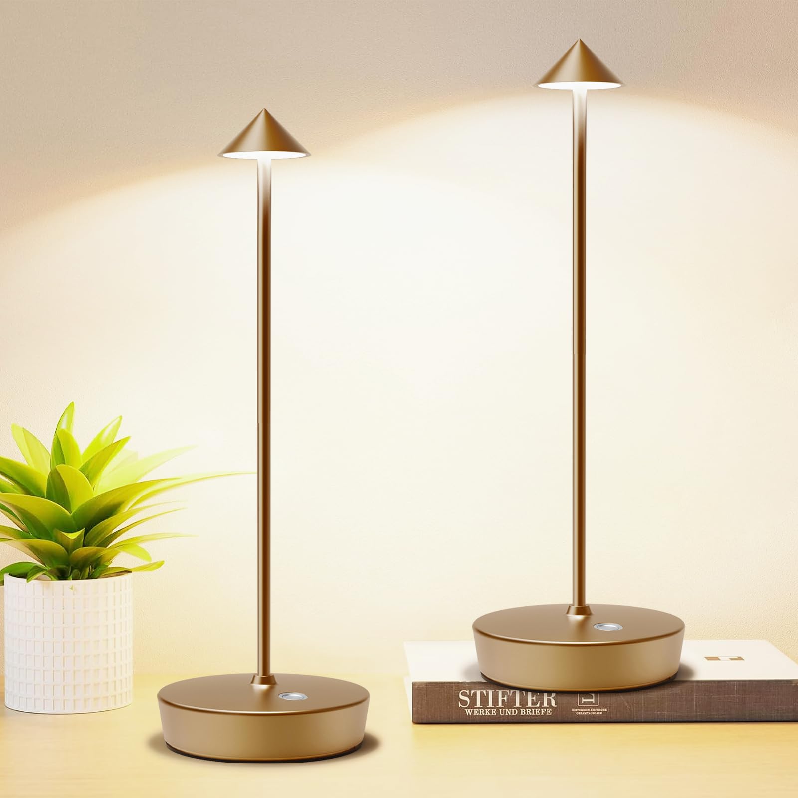 Tpczqj Set Of 2 Rechargeable Cordless Table Lamp 6000Mah Led Battery Operated Desk Lamp Touch 3 Color Dimming Portable Outdoor Waterproof Table Light For Patio/Restaurant/Dining/Home (Bronze)