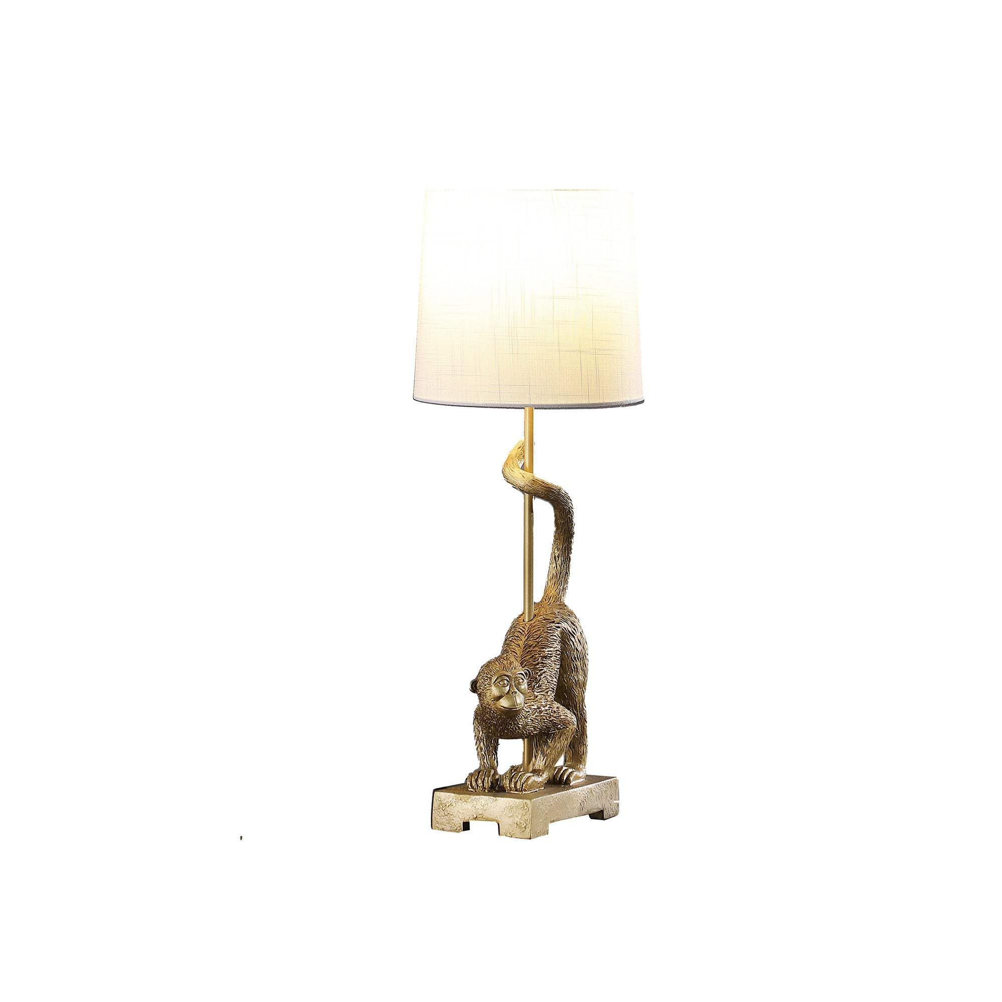 Homeroots Gold Monkey Table Lamp With White Drum Shade, 24 X 9 X 9 In., Model 524262