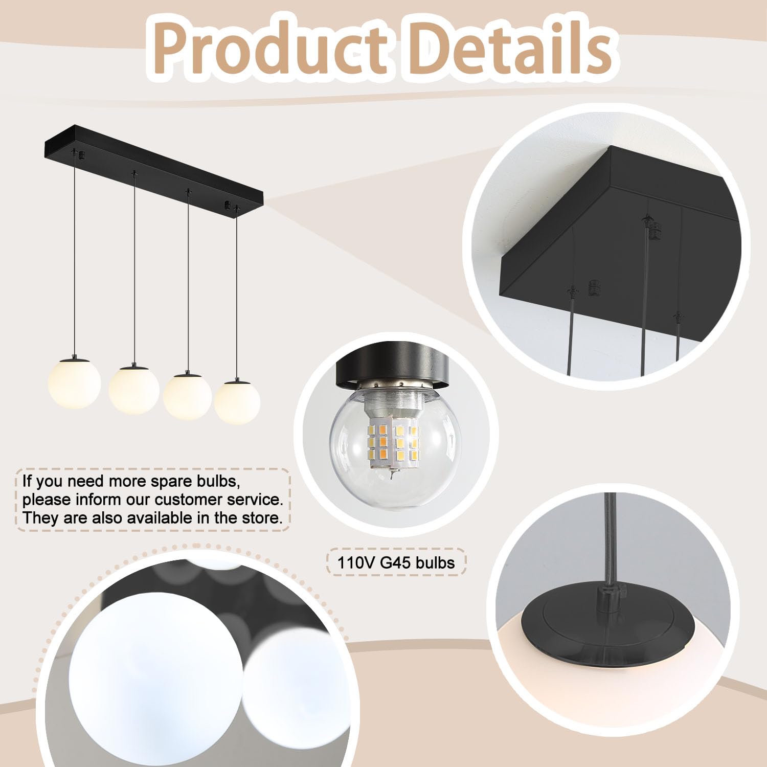 Ykolupty Dining Room Light Fixture 4-Light Black Kitchen Island Lighting Globe Glass Chandeliers For Dining Room Over Table Pend