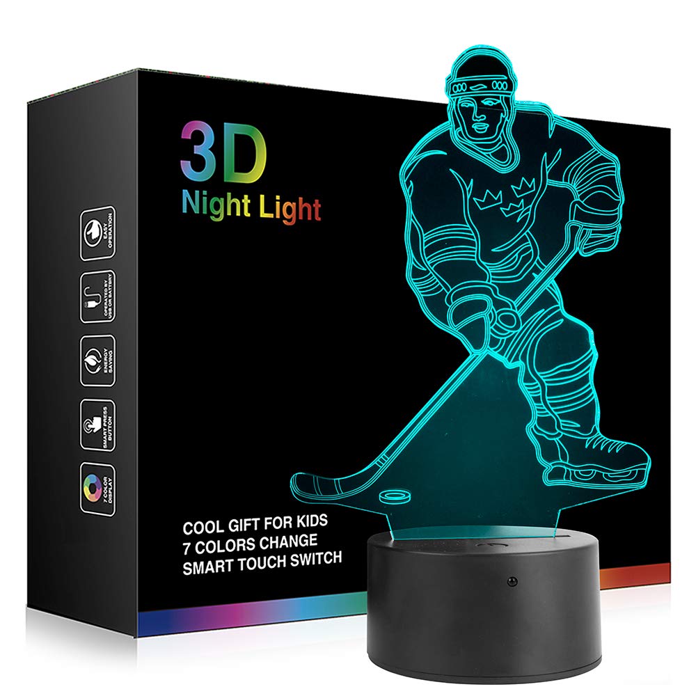 Ticent Hockey Player Night Light, Hockey 3D Lamp Lighting Lights for Kids 7 LED Color Changing Touch Table Desk Lamps Cool Toys 