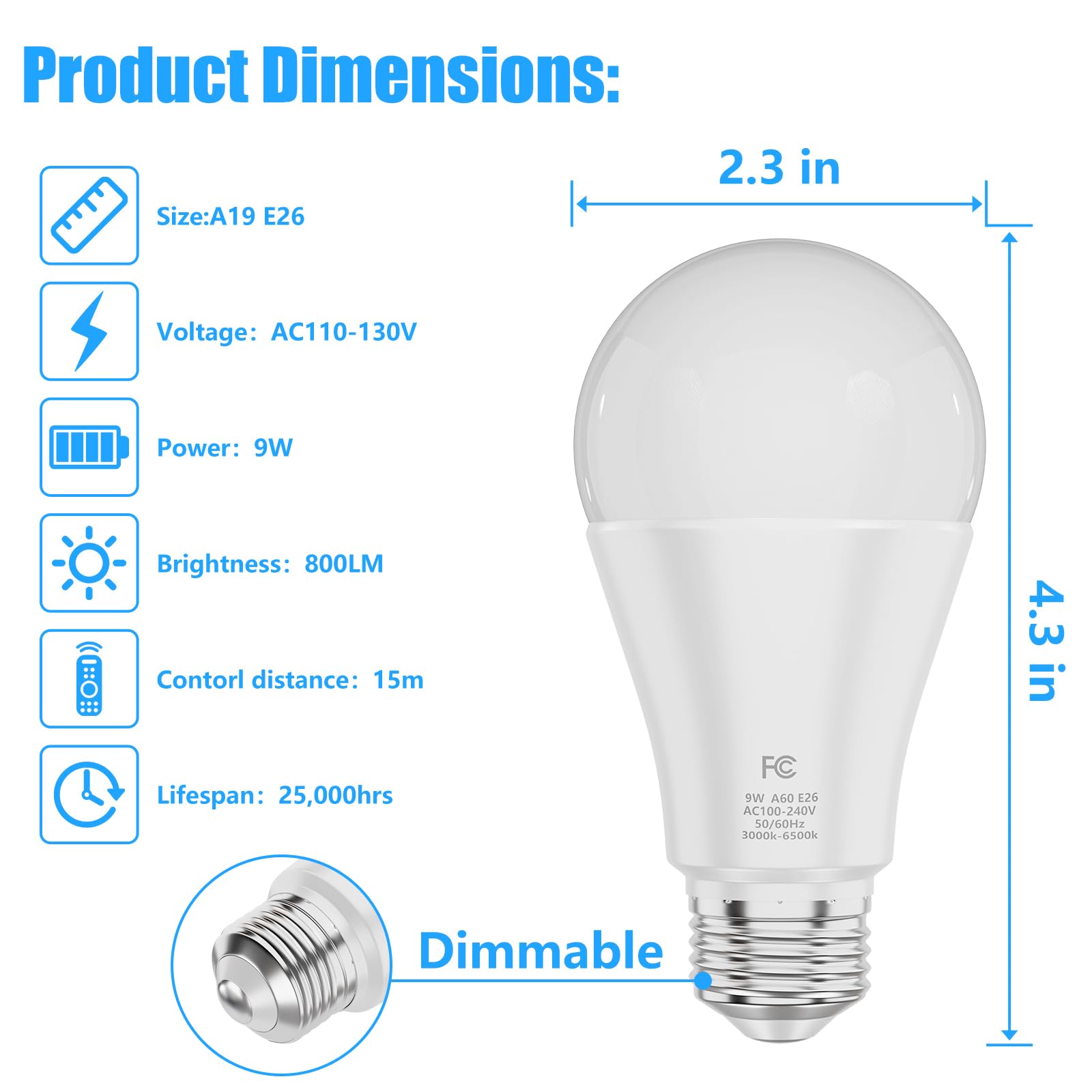 MXhme A19 Color Changing Light Bulb, Dimmable 9W (60W Equivalent), RGBWW, E26 Base, Remote Control, White, Model A6001