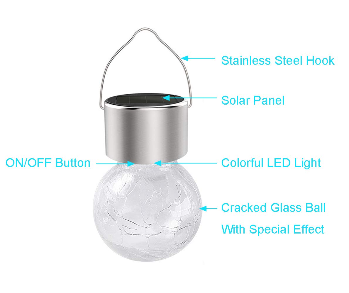 KIMI HOUSE Hanging Solar Powered Warm White LED Light, Cracked Glass Ball Light, Waterproof Outdoor Christmas Decorative Lantern