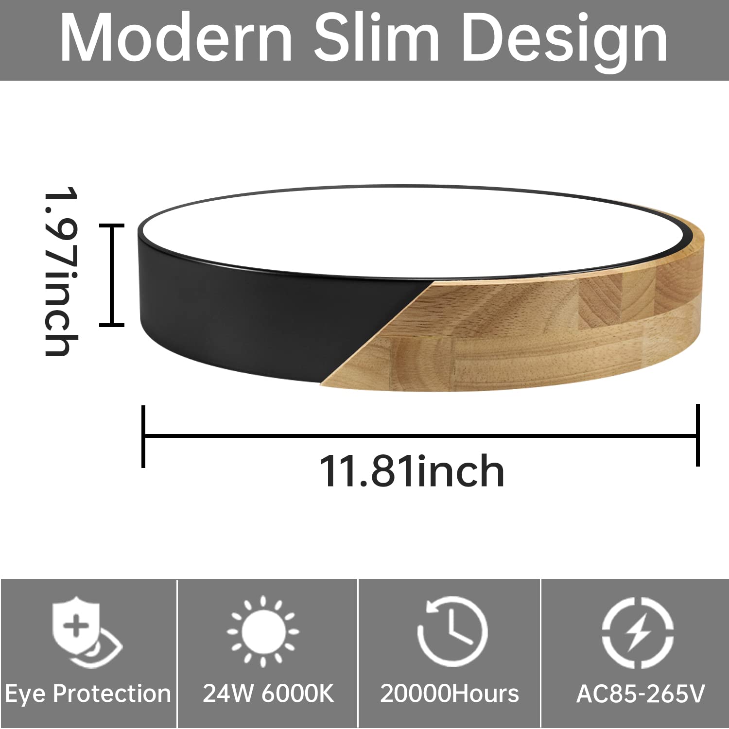 Led Ceiling Light Flush Mount: 12 Inch 24W Bedroom Light Fixture With Round Wood Modern Black Flat Overhead Minimalist Ceiling L