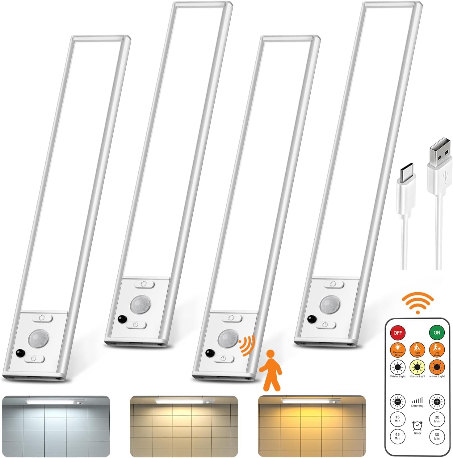 Under Cabinet Lights Wireless,Motion Sensor Light Indoor Closet Lights with Remote Control,3 Color Temps,LED Rechargeable Batter