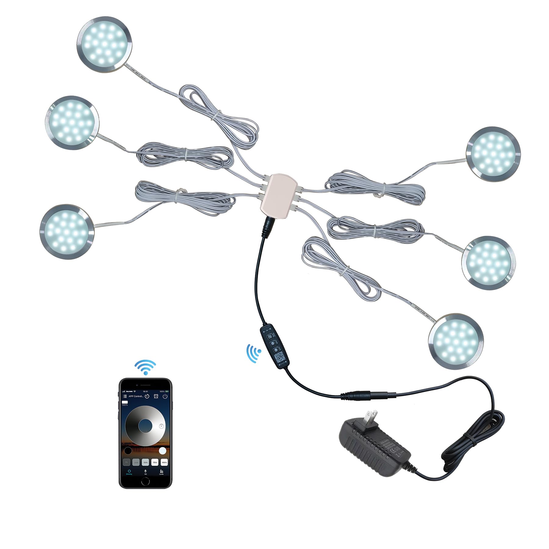 CRISETEK Puck Lights 6 Packs Bluetooth APP Smart Control Dimmable Tact Switch Under Cabinet Light Cabinet Lighting Cabinet Lights DC 12V Adaptor (Cool White, APP 6Pack)