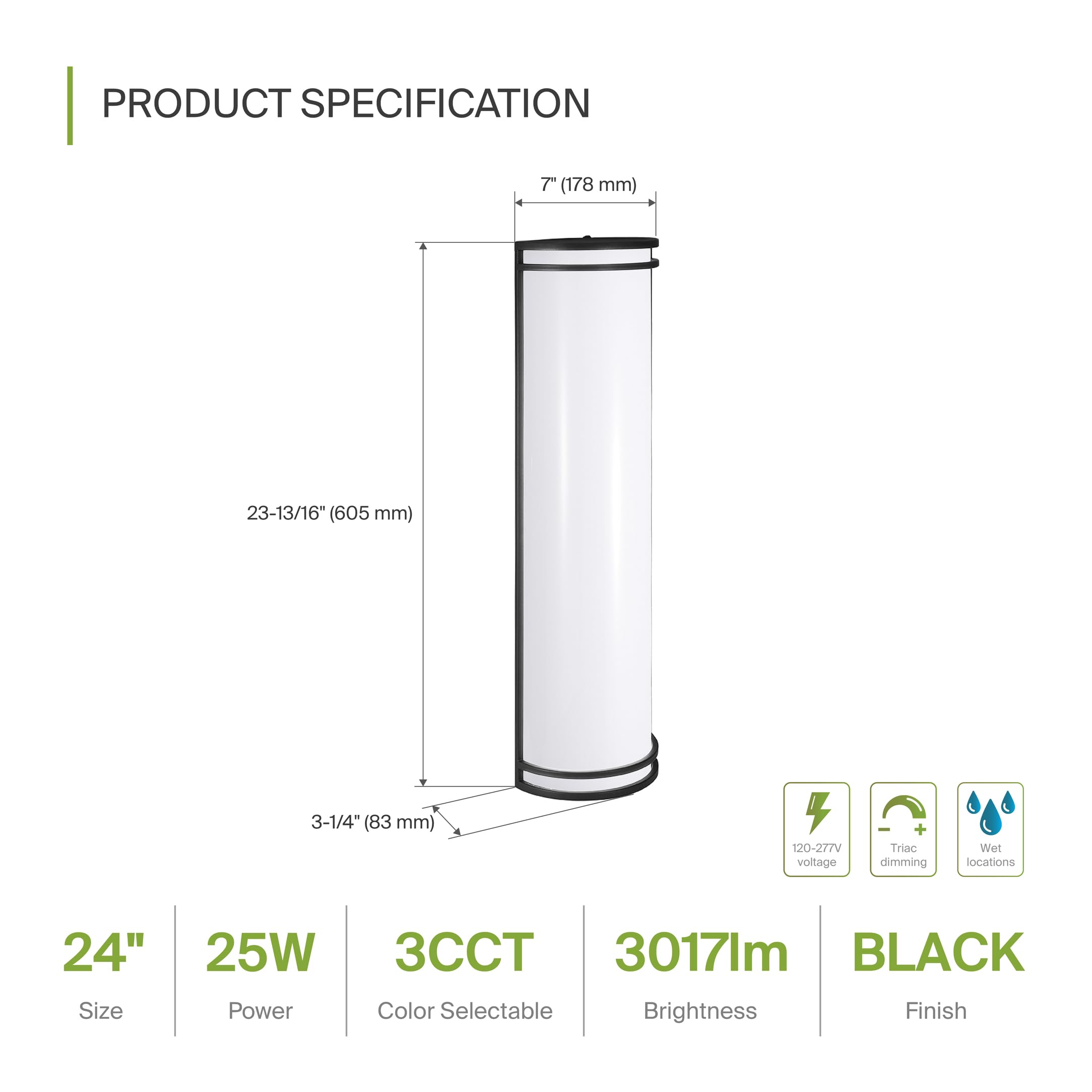ASD 24 Inch LED Wall Mount Light Fixture - Matte Black Dimmable Sconce - 25W, 120-277V, 3000K-5000K - Model A-L