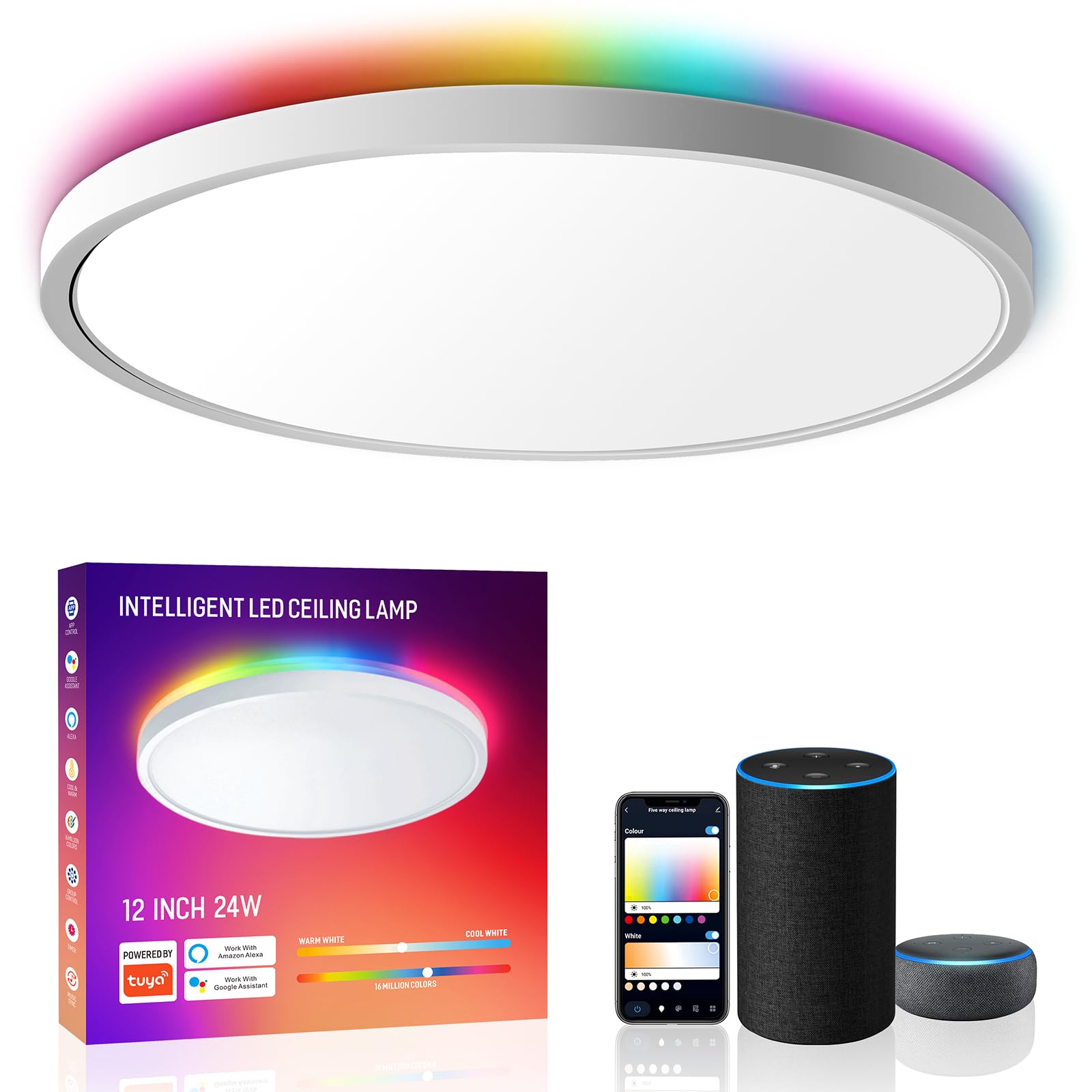 Melegan Smart Led Ceiling Light Flush Mount, 12 Inch 24W Ceiling Light Fixture Dimmable 2700K-6500K, Rgb Ambient Light Fixture Wifi Compatible With Alexa Google Home For Bedroom Living Room