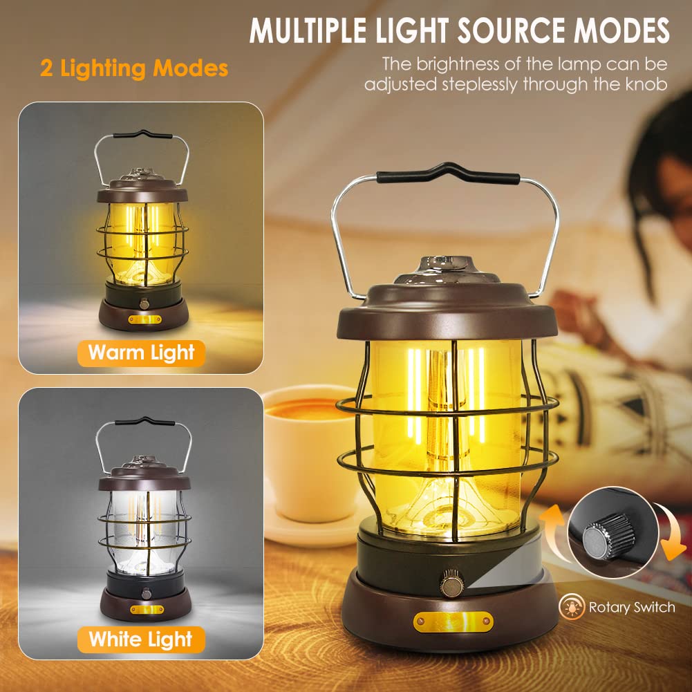 UniqueFire Retro Camping Lantern 1500LM Rechargeable 2 Modes Dimmable 4x8in Brown ABS Model