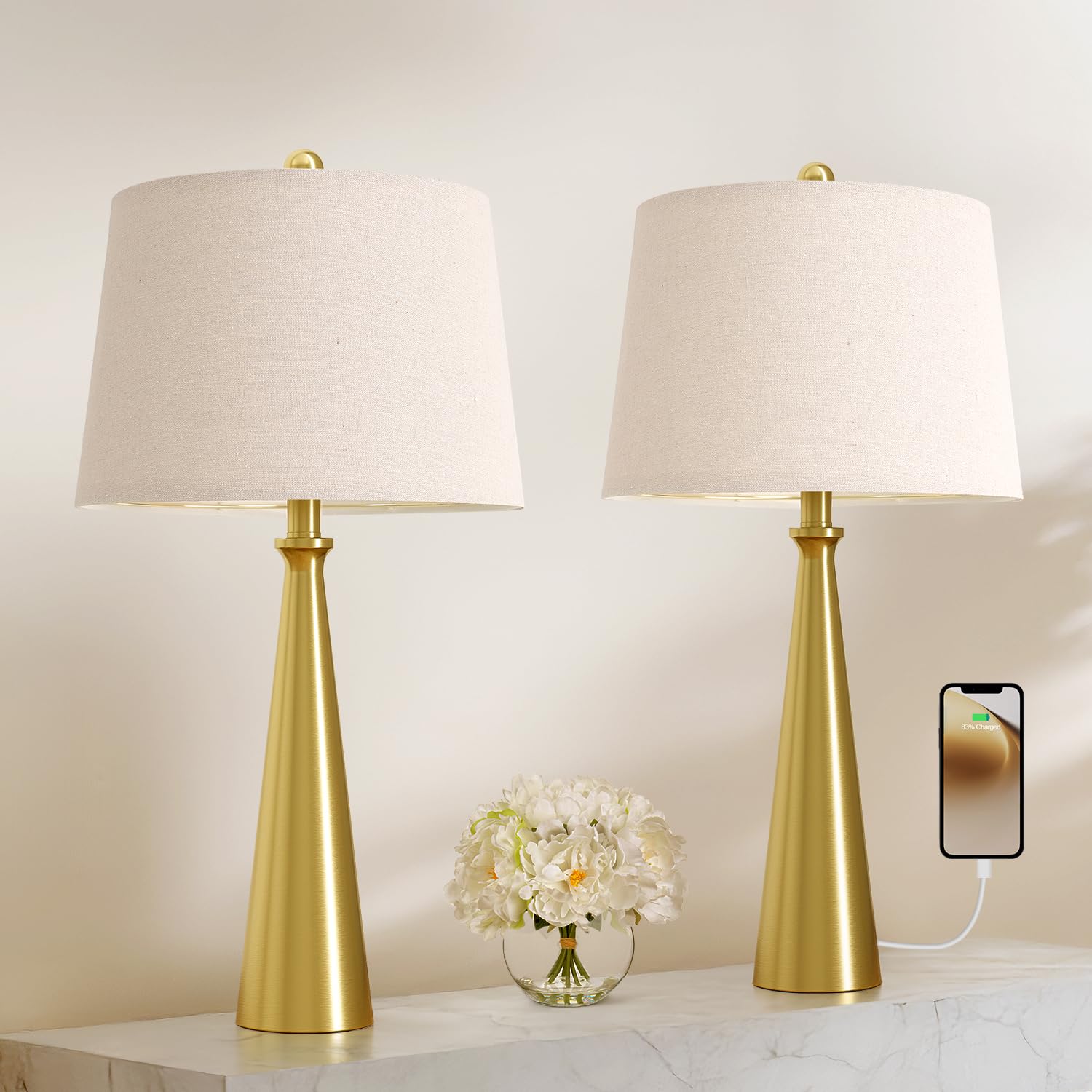 Oneach 25.75'' Modern Table Lamp Set Of 2, Bedside Lamps With Usb Ports, Brass Gold Nightstand Lamps Set For Living Room Bedroom