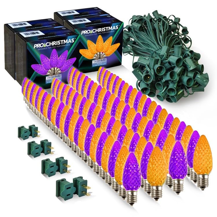 Pro Christmas C9 LED Christmas Light Kit for Rooflines & Pathways - DIY Cut to Length  Outdoor Commercial Grade (Green Wire w/Vampire Plugs  100 Bulbs  100 ft) Purple and Amber
