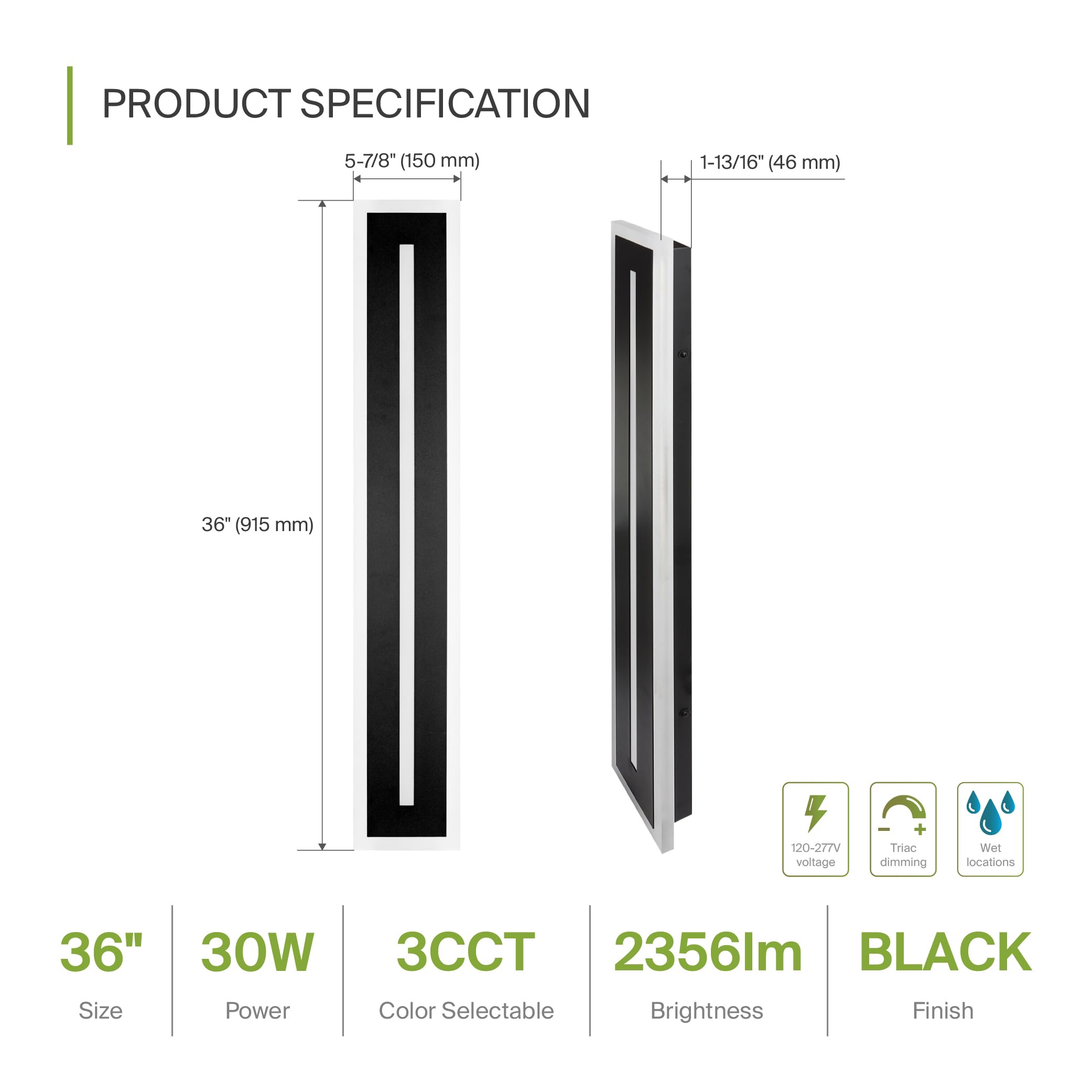 ASD LED Wall Light Fixture, 36 Inch, 30W, 1850LM, Dimmable, Waterproof, Black, Model A-LWS27C-36D30BK