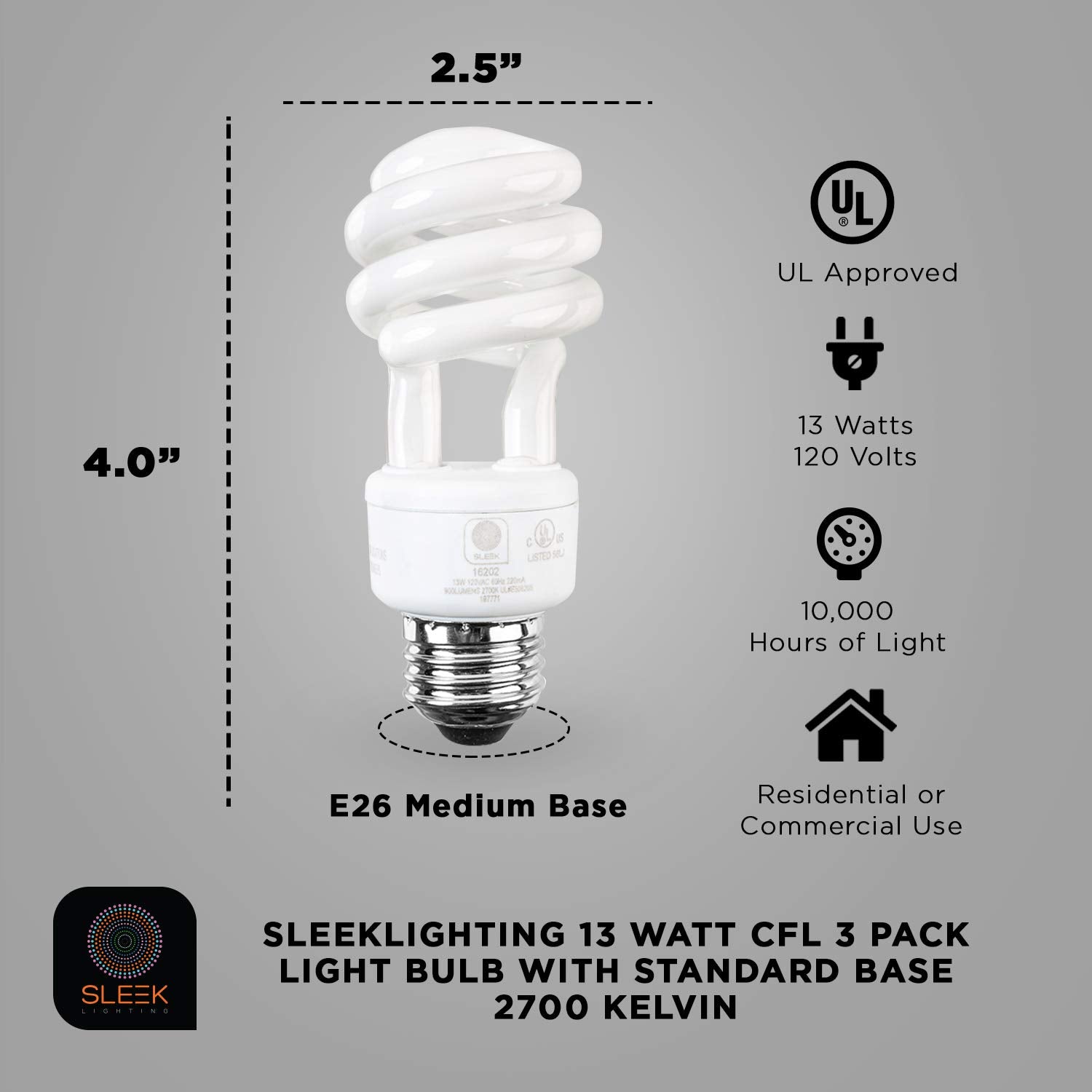 Sleeklighting Spiral Light Bulb - E26 Base Cfl Bulb - Cfl Light Bulbs 13 Watt- 3 Pack, 2700 Kelvin For Warm White And 800 Lumens