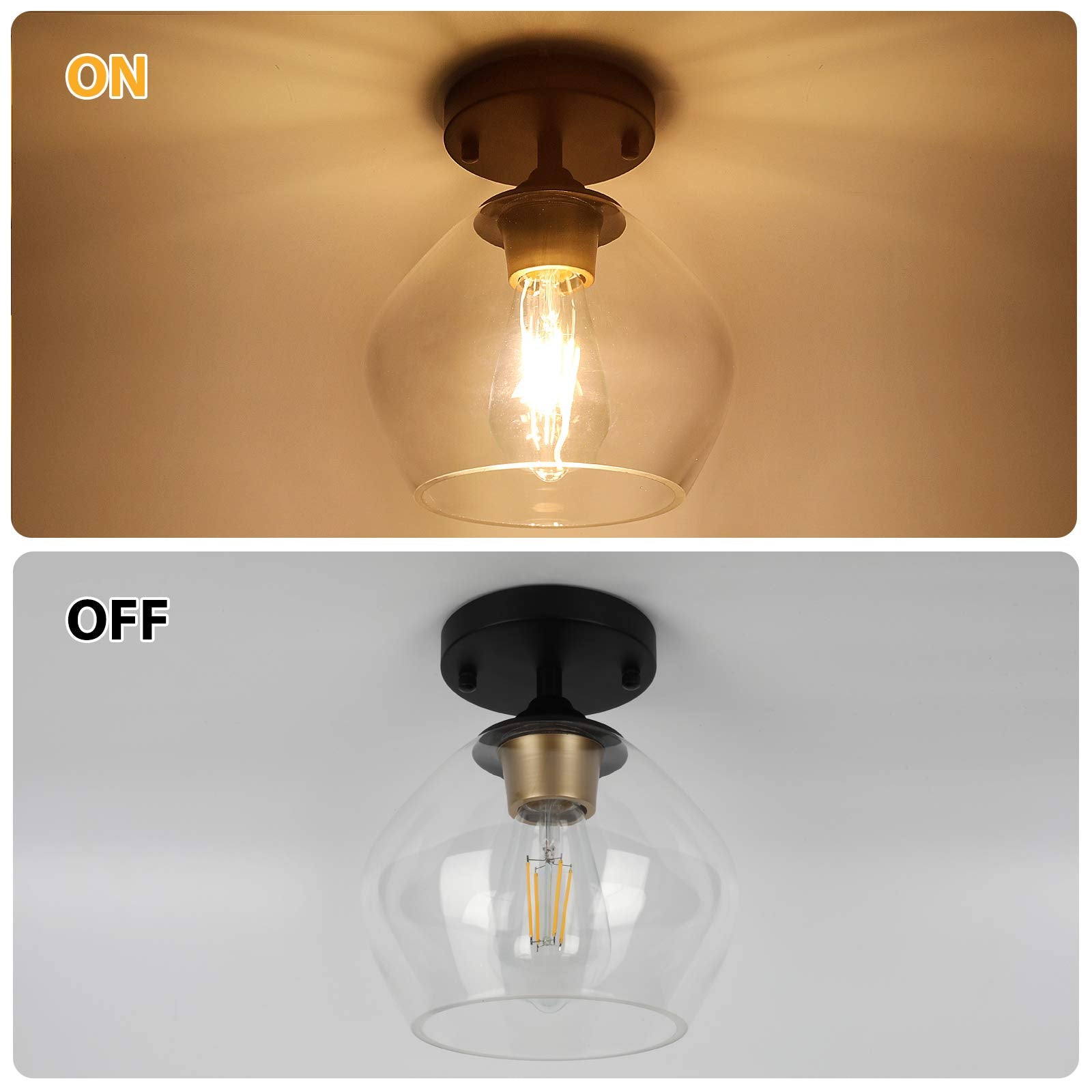 BesLowe Modern Semi Flush Mount Ceiling Light, Black, Clear Glass Shade, Industrial Design, Model C2508-01-GDBK