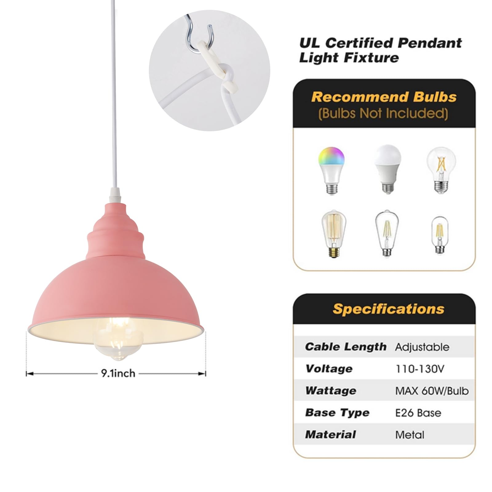 SoodMi Plug-in Pendant Light, Industrial Metal Hanging Lamp, 15FT Cord, On/Off Switch, Pink, Model PDL-013
