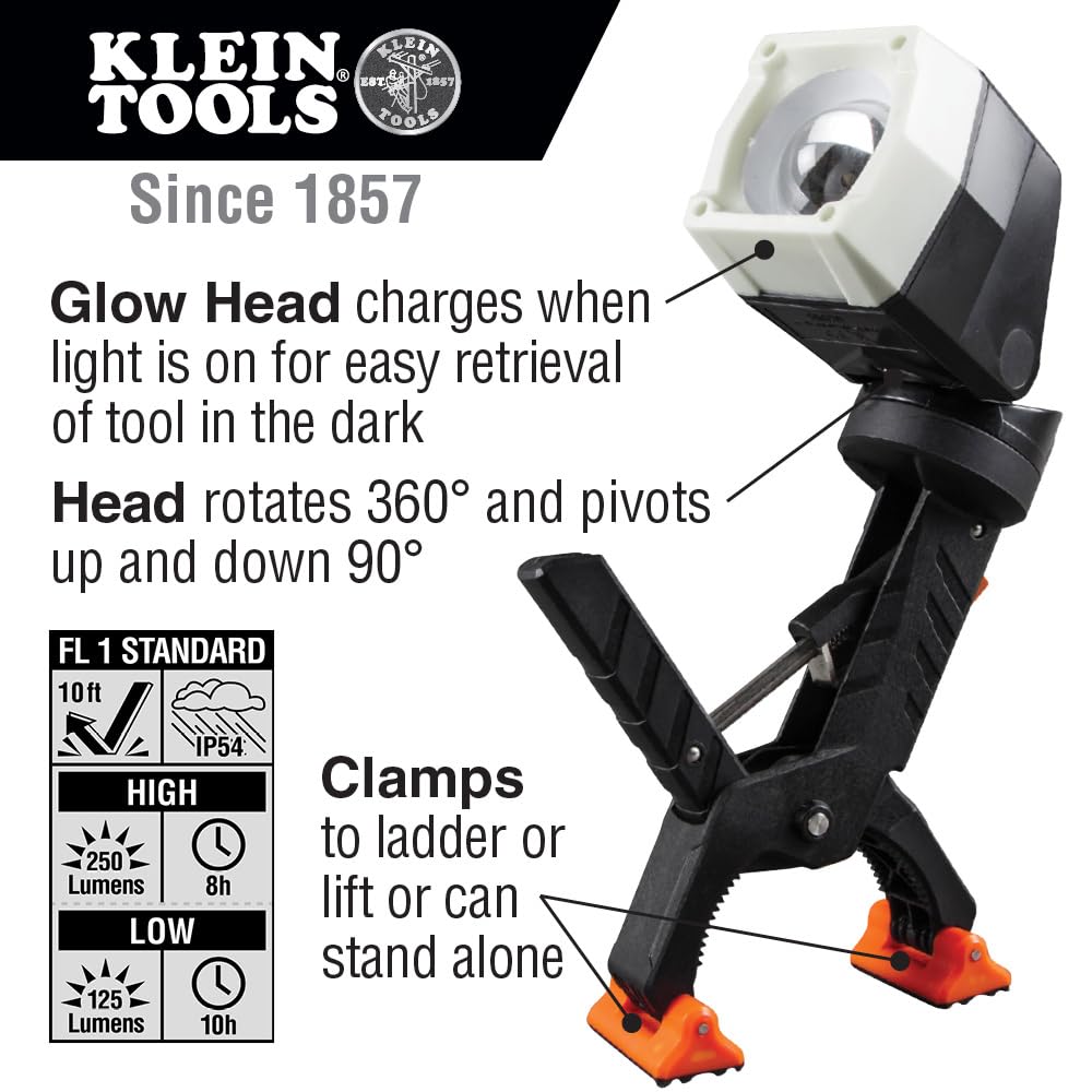 Klein Tools 56029 LED Clamp Work Light, 360° Rotation, 90° Pivot, Dust & Water Resistant, ABS Material