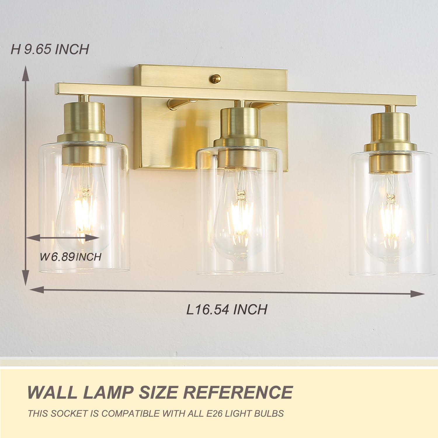 Jodauirt 3-Lights Modern Wall Sconces Gold Bathroom Vanity Light Fixtures,Brushed Brass Wall Sconces With Clear Glass Shades, Farmhouse Wall Lighting ?For Hallway,Living Room,Bedroom