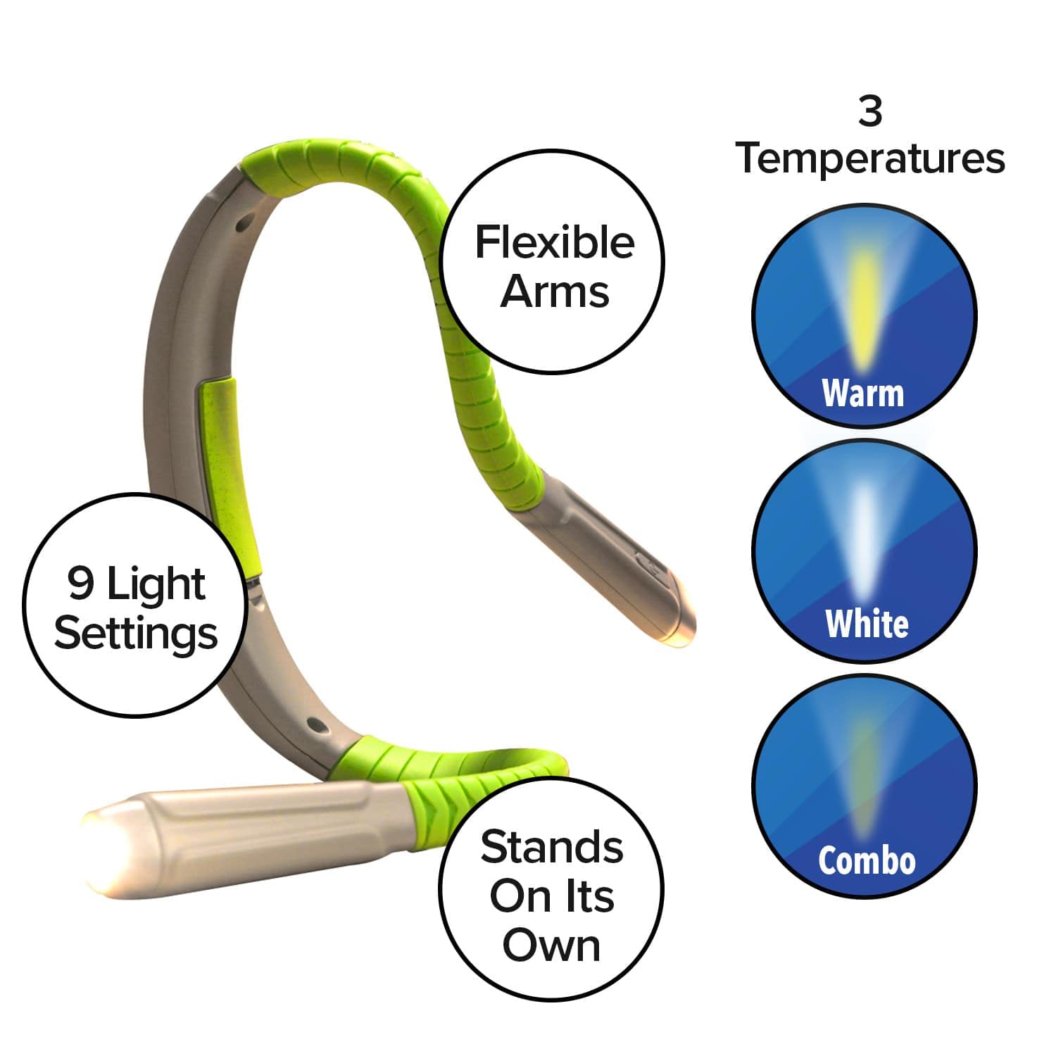 Lizard Light Alien Neck Light - Bendable Green Book Light for Reading, Knitting, Camping, Model 15563, Portable, Adjustable Brightness