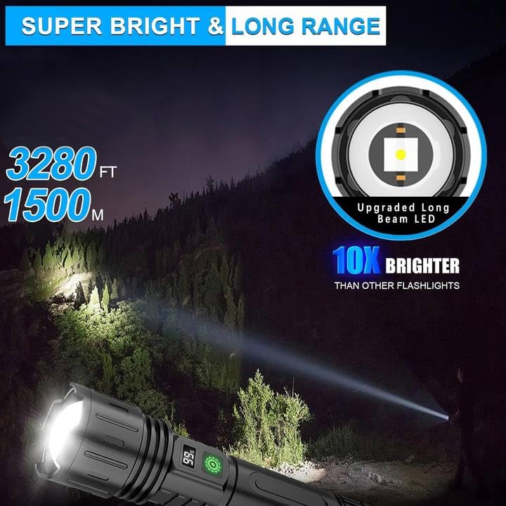 MOREVAC Rechargeable LED Flashlight, 5 Modes, 1500 Meters, Waterproof, Black, Model K2302-1-2, 1 Pack with Storage Bag