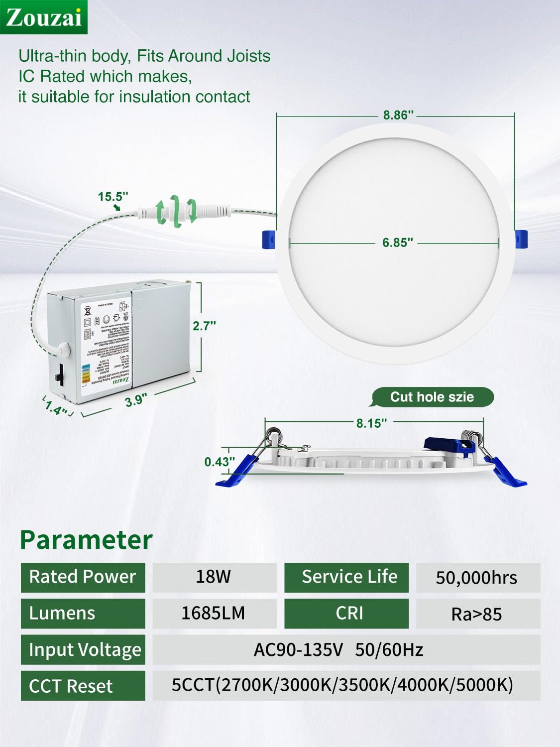 Zouzai 12 Pack White 8 Inch 5Cct Ultra-Thin Led Recessed Ceiling Light With Junction Box, 2700K/3000K/3500K/4000K/5000K Selectab