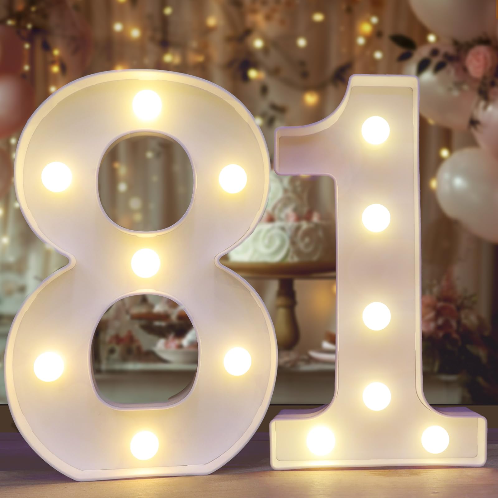 Pooqla Decorative Led Light Up Number Letters, White Plastic Marquee Number Lights Sign for 81th Birthday Party Wedding Decor Battery Operated Number (81)
