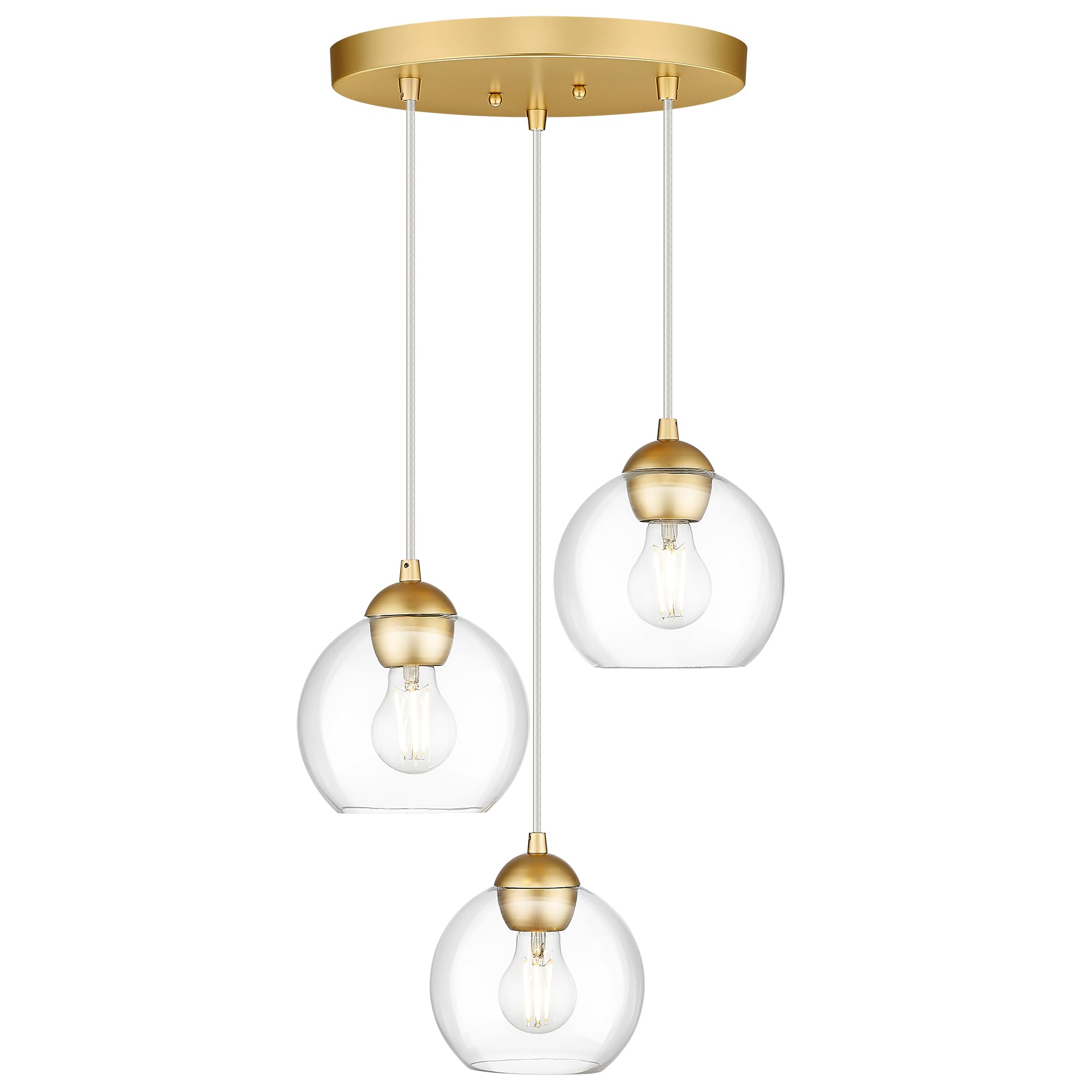 Emak 3-Light Cluster Pendant Lights Kitchen Island, Modern Gold Pendant Light Fixtures with Clear Glass Shade, 7 Inch Globe Hang