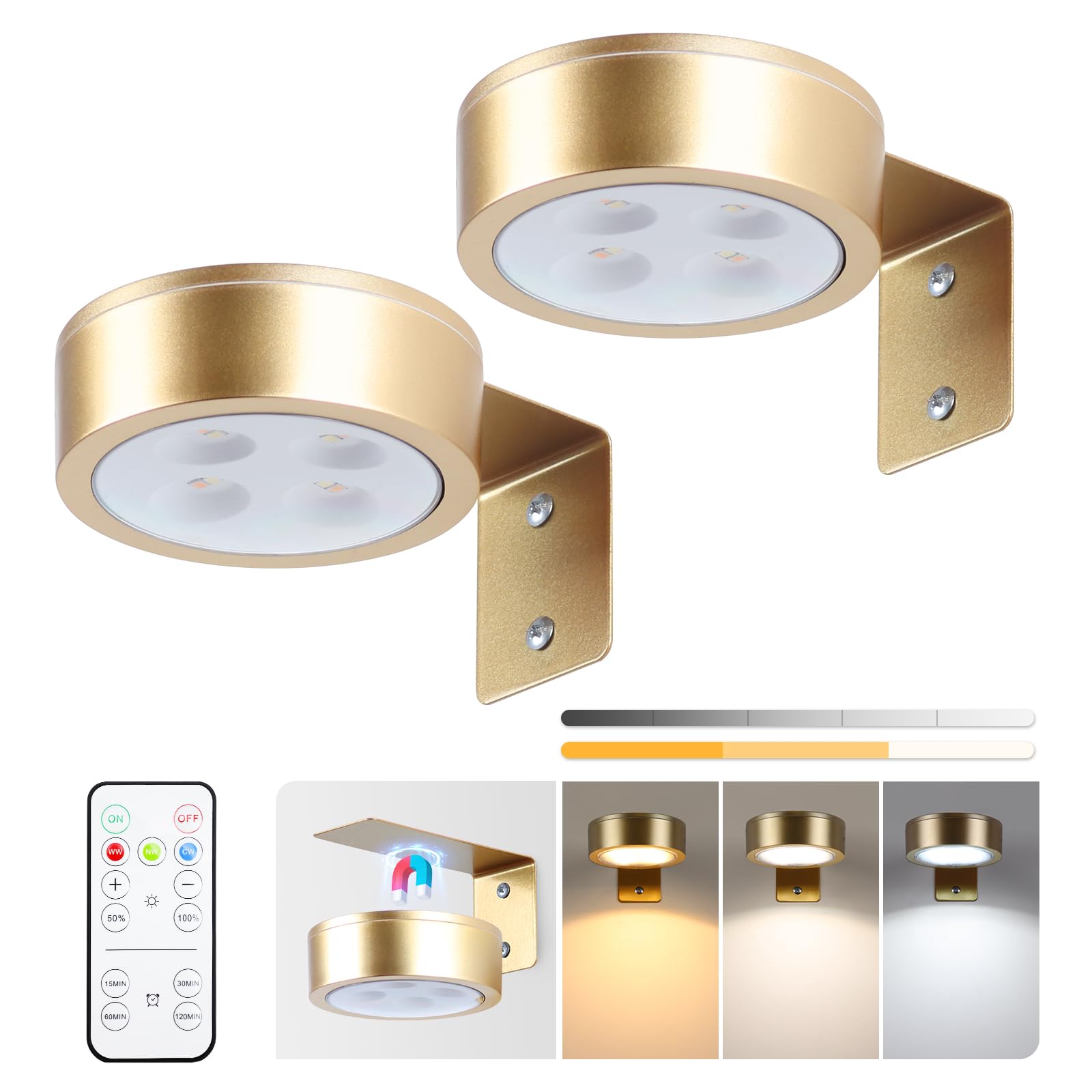 KELUOLY Picture Light 2-Pack, Battery Operated, Dimmable with Remote, Gold, Model BQ3S-2J
