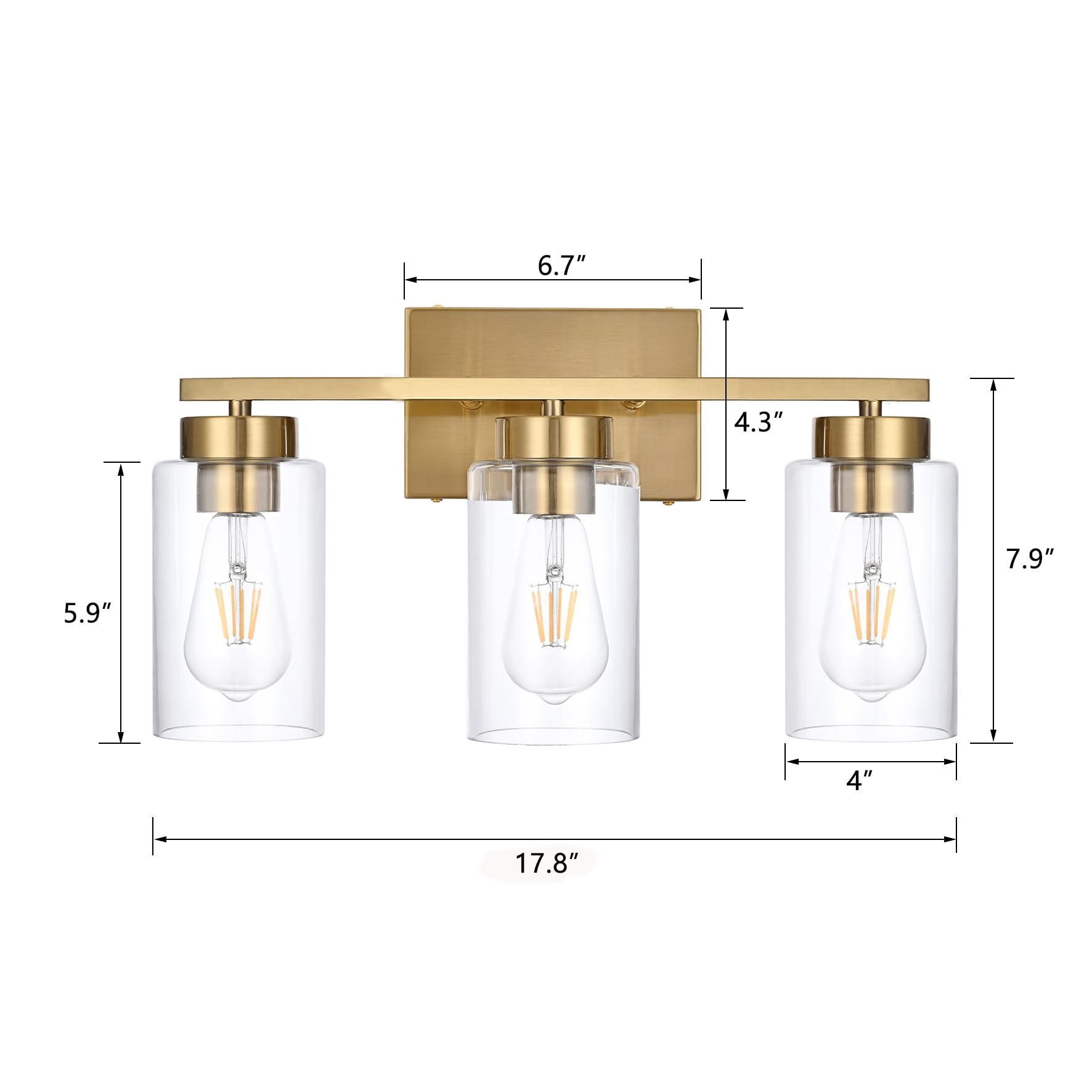 A1A9 3-Light Bathroom Vanity Light, Modern Brushed Gold Wall Lights With Clear Glass Shades, Bathroom Wall Sconce Lamp For Mirro