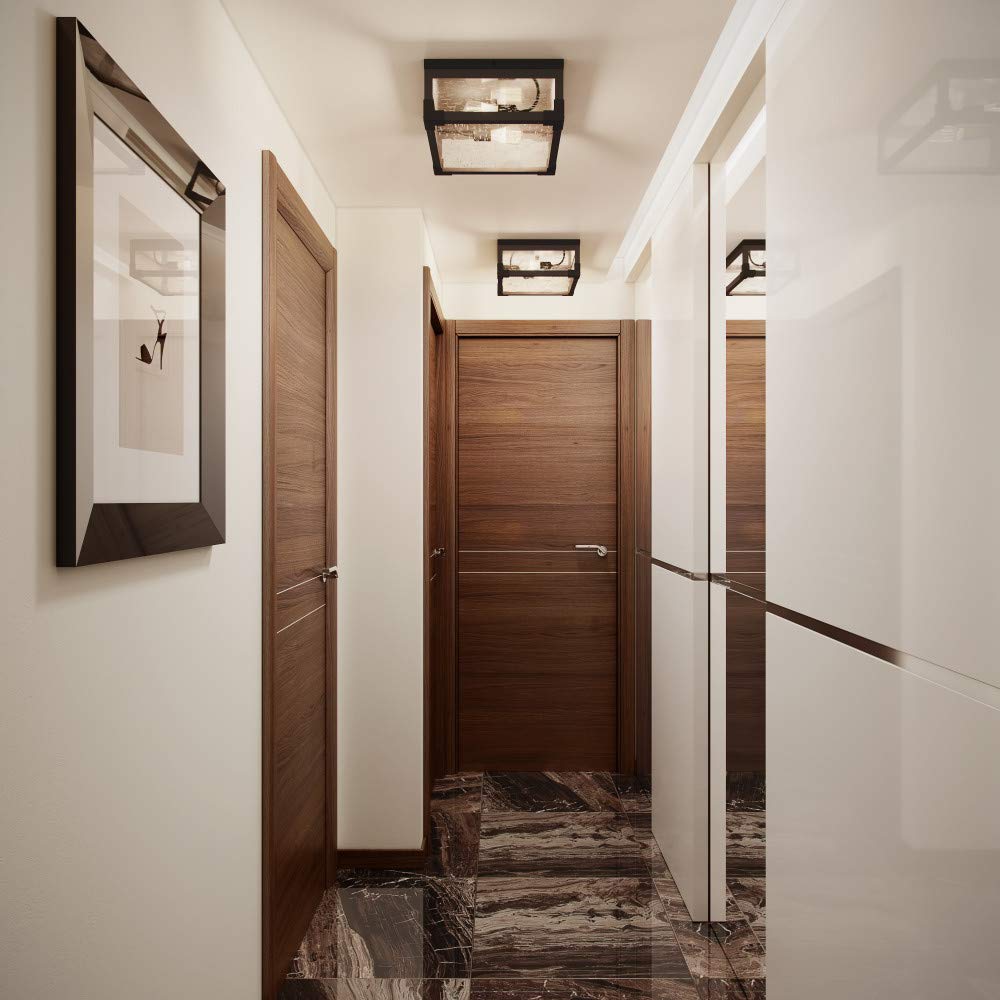 Globe Electric 65917 2-Light Flush Mount Ceiling Light, Metal, 5.2in, Dark Bronze/Wood Finish, Seeded Glass Panes