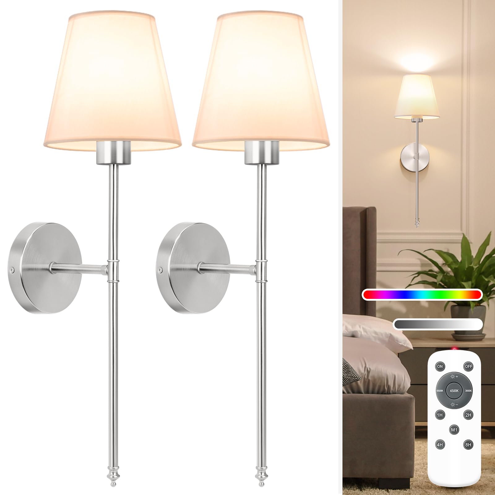 NIORSUN Battery Operated Wall Sconce Set of 2, 24 inch Brushed Nickel, Dimmable Detachable Bulbs, Remote Control, Model SW013