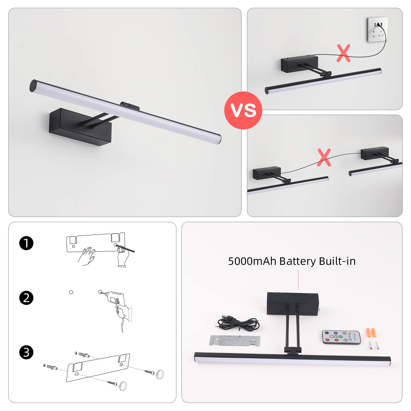 Howmzon 16 Rechargeable Metal Picture Light, Dimmable Wall Sconce In Black, Model Hw002Bk For Art And Gallery Display