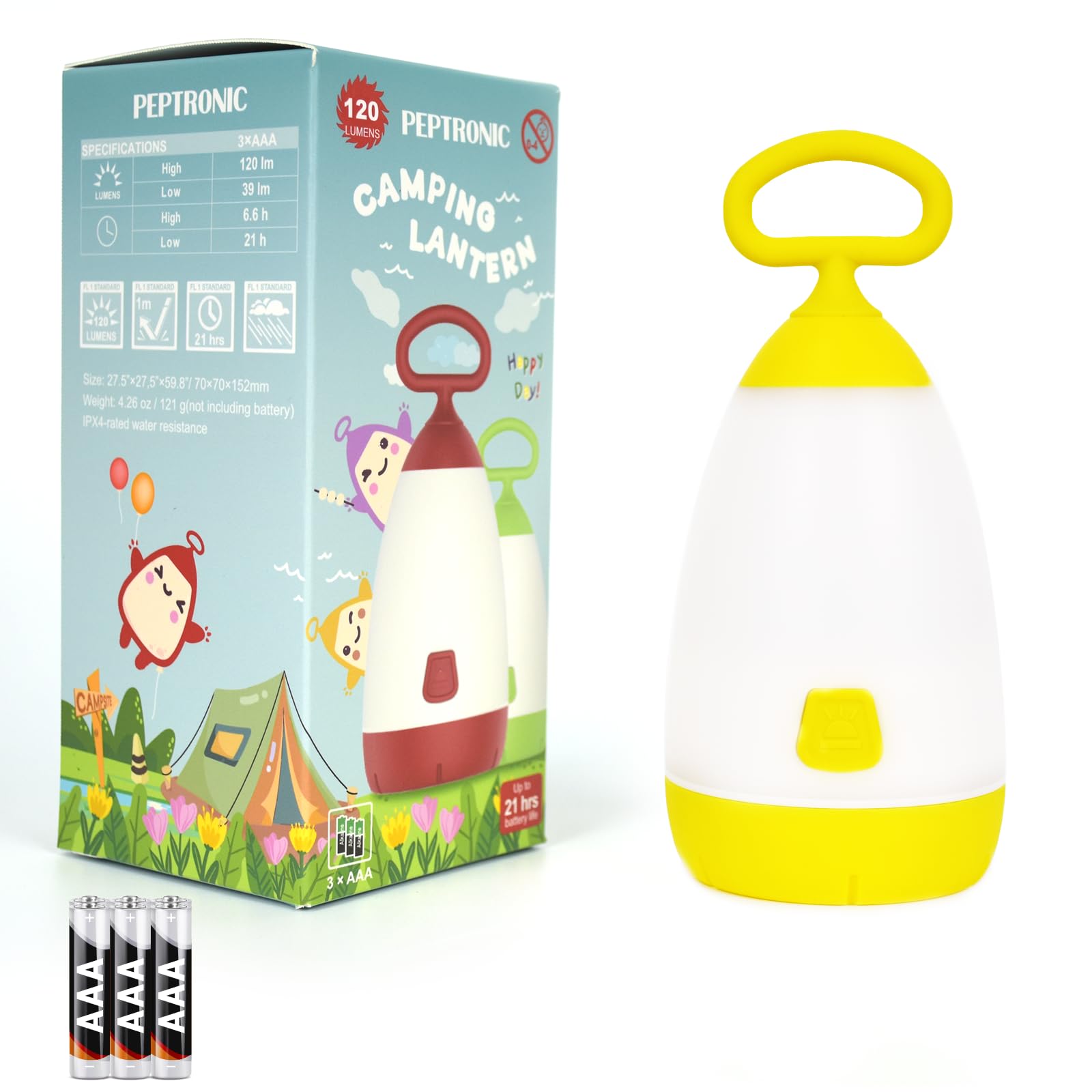 PEPTRONIC Kids Camping Lantern & Night Light Battery Powered, 360 Eye-Safe Light (AAA Included), IPX4 Waterproof with RGB Modes