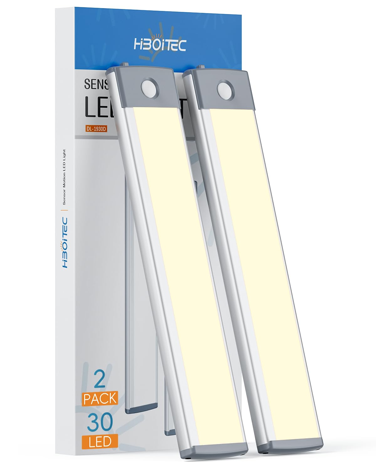 Hiboitec Led Under Cabinet Lighting, Motion Sensor, 30 Leds, Warm White, Rechargeable, 2-Pack