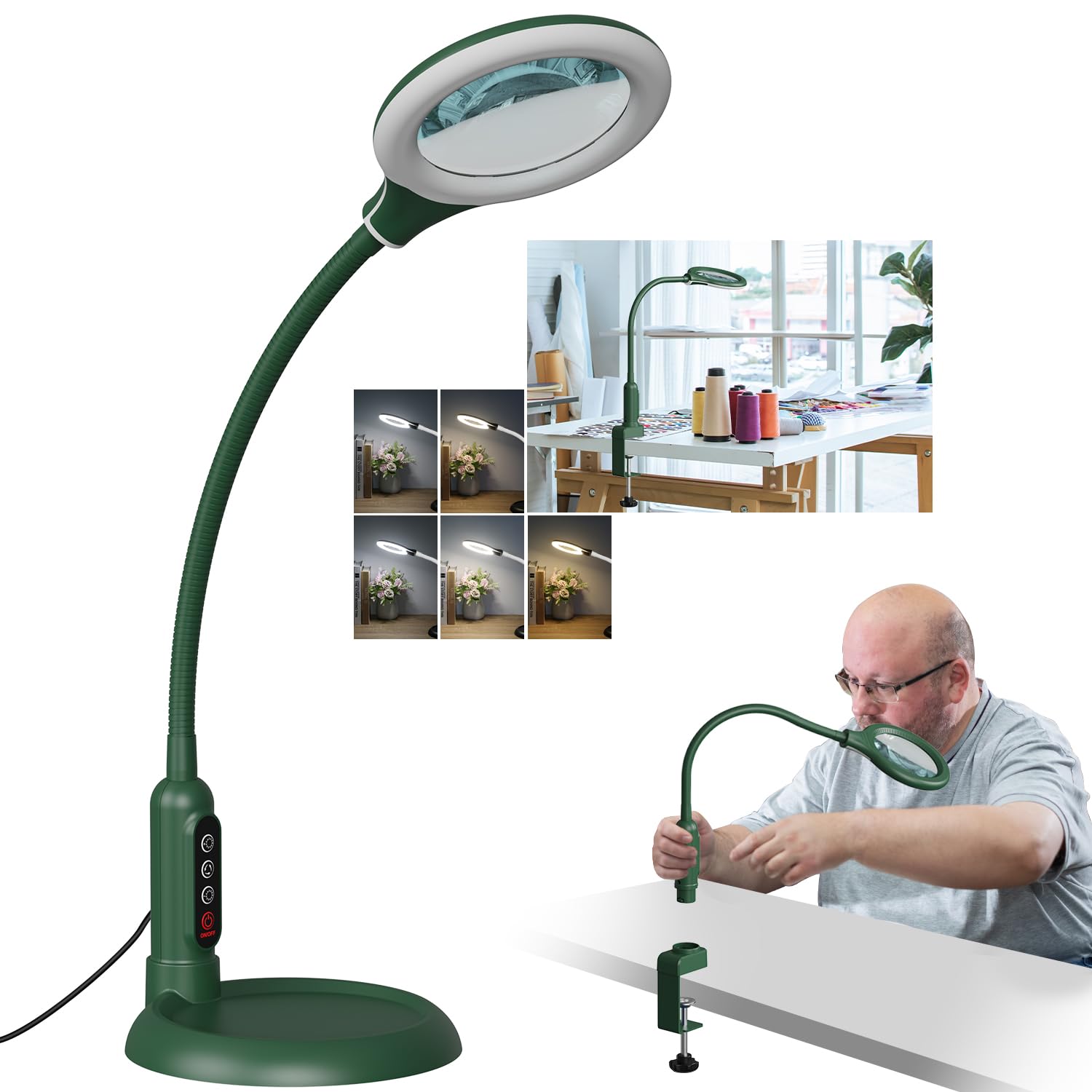 RackydigPro 10X Magnifying Glass with LED Light, Flexible Gooseneck Desk Lamp, Plastic, Green, Model GJT031FE01R