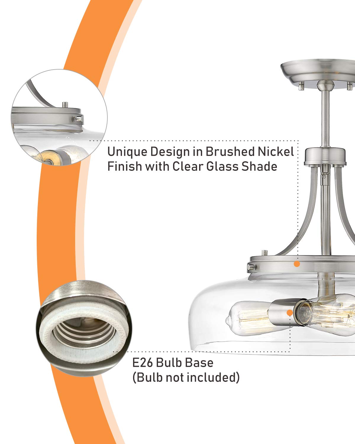 Eapudun 3-Light Farmhouse Semi Flush Mount Ceiling Light, Brushed Nickel With Glass Shade