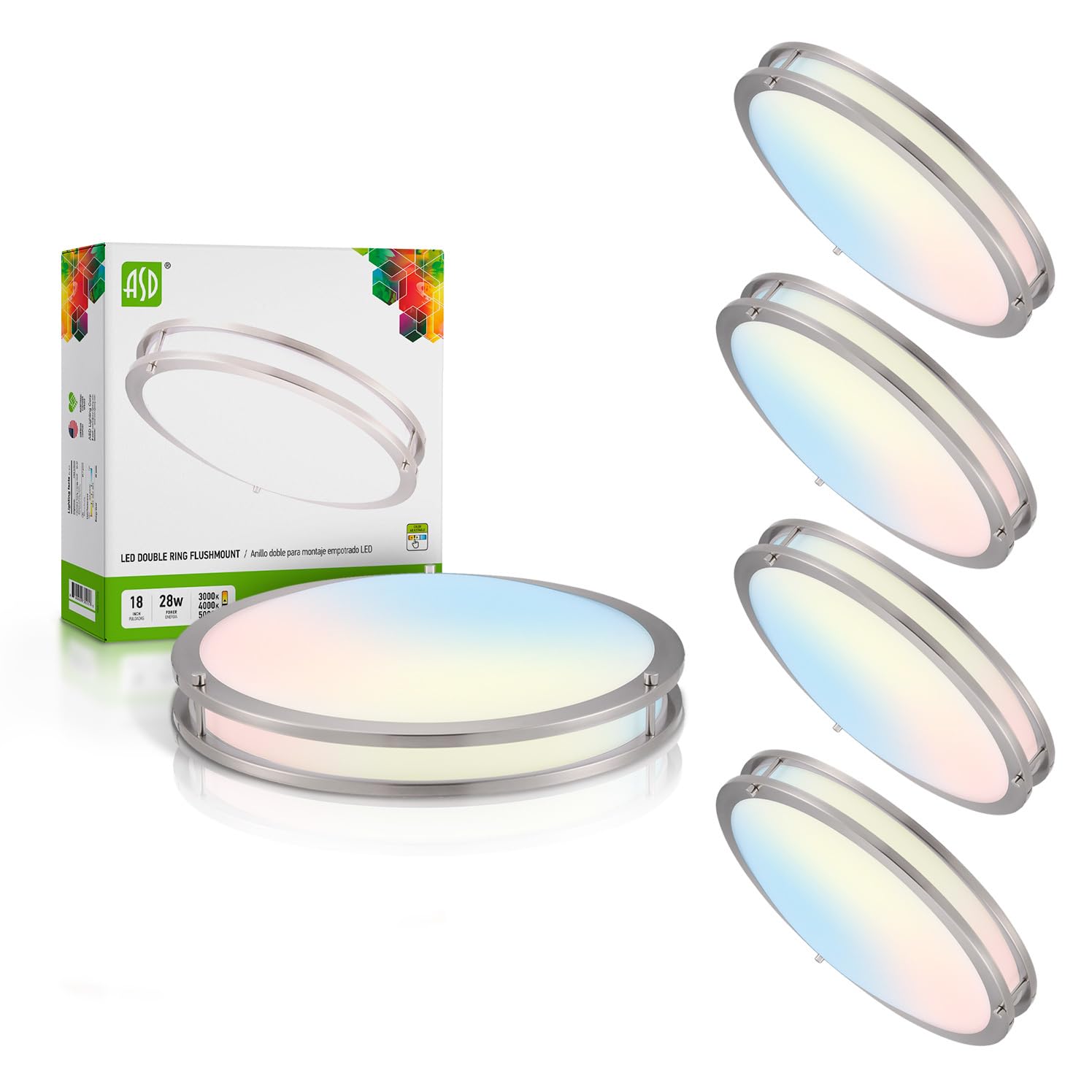 Asd Led 18 Inch Round Flush Mount Light Fixture | 28W 2250Lm 3000K-5000K 120V | 3Cct  Dimmable  Energy Star  Etl Listed | Close To Ceiling Double Ring Lamp  Low Profile Lighting | Nickel  4 Pack