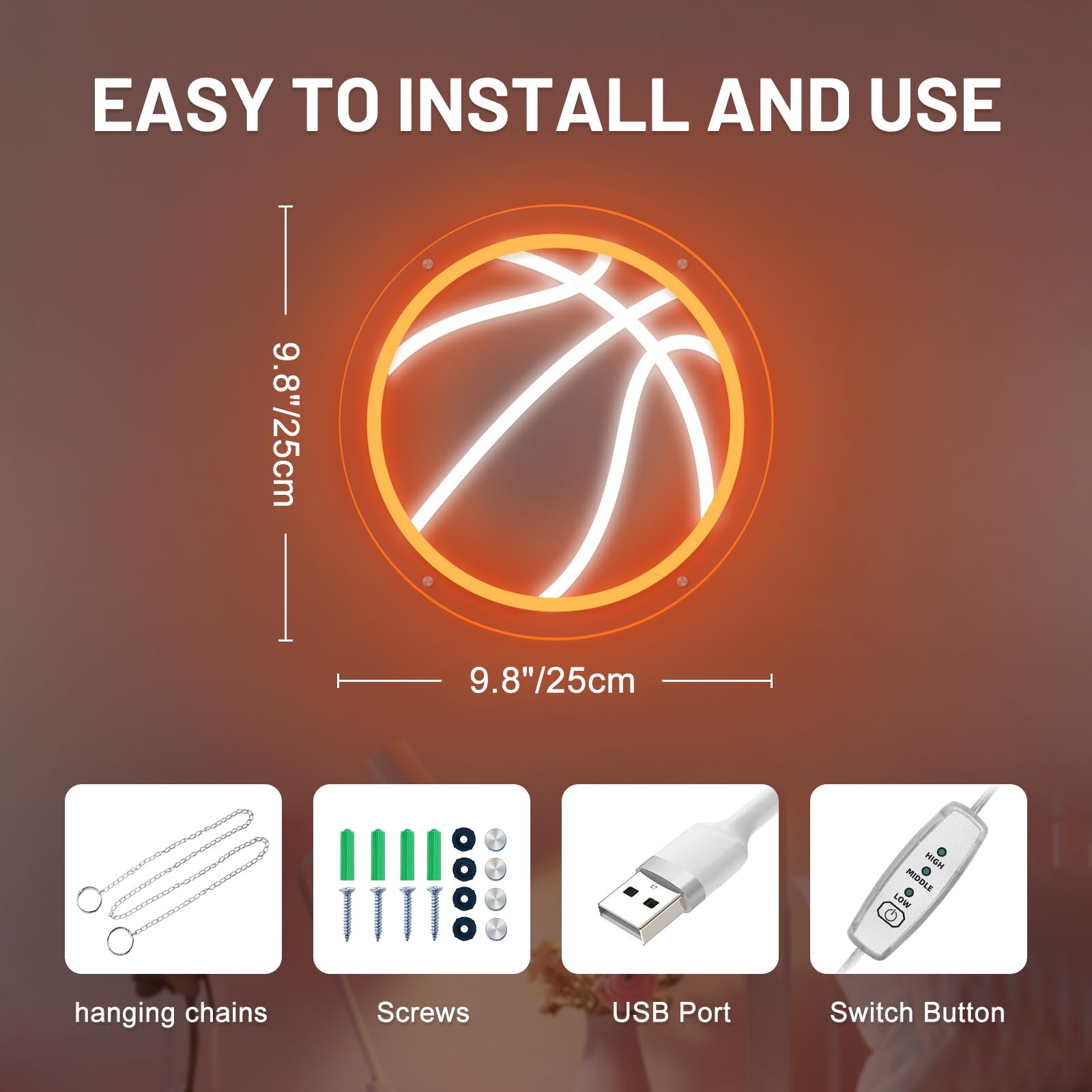 Mupanvid Basketball Neon Sign  9.84?9.84 Inch Basketball Led Neon Light  Powered By Usb With Dimmable Switch  Sport Led Sign For Wall Decor  Bedroom Birthday Signs Kids Gift