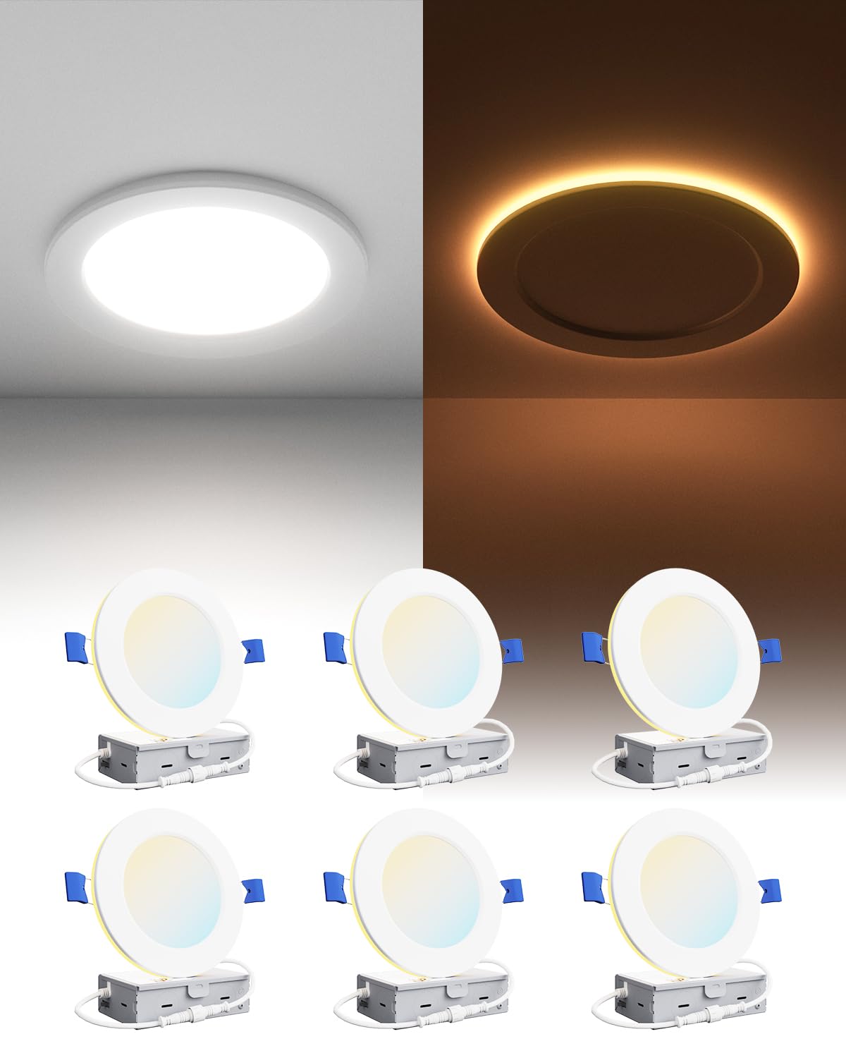 Ensenior 6 Pack 4 Inch LED Recessed Ceiling Light with Night Light, Dimmable, 2700K-5000K 5CCT, 750LM 9W 120V, High Brightness C
