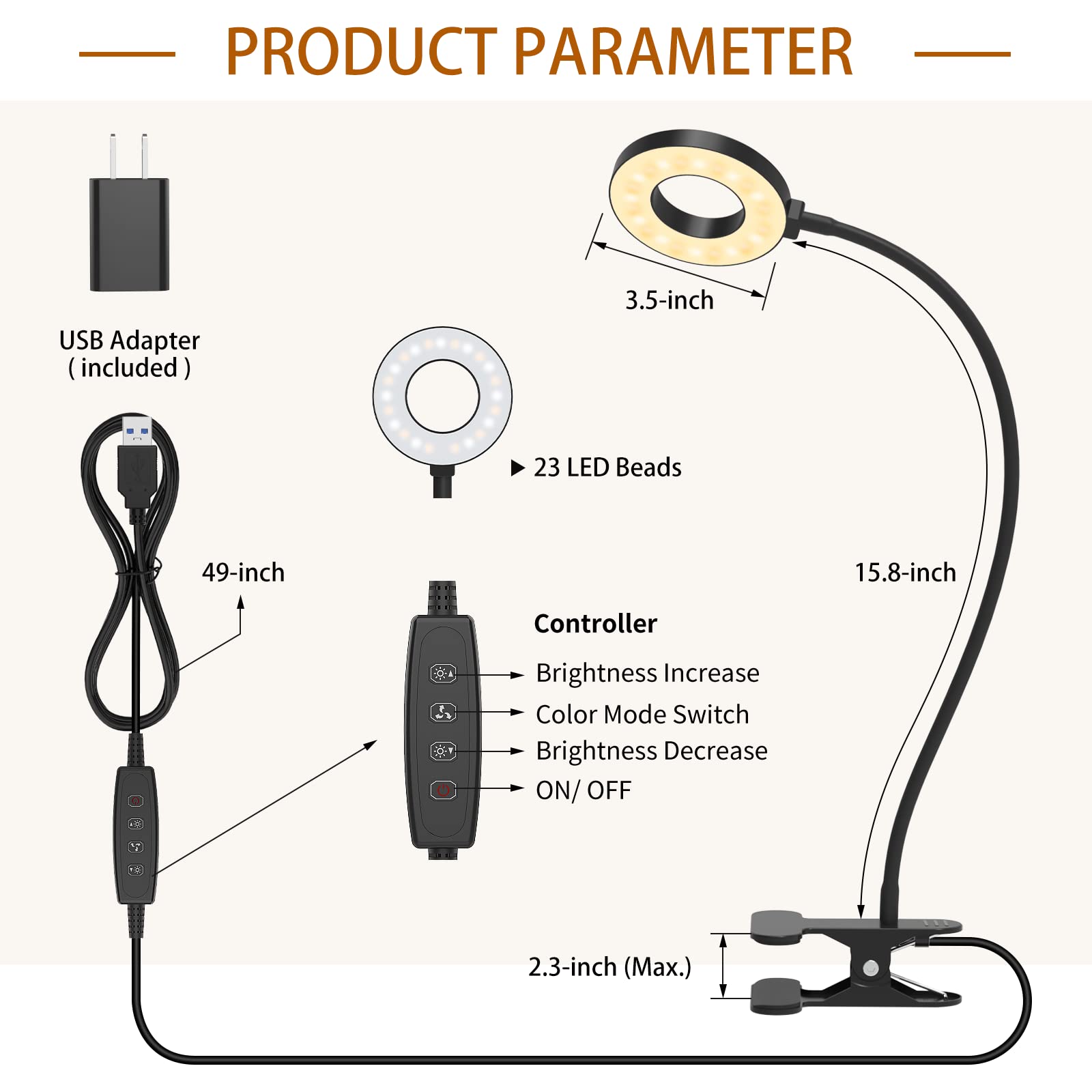 Izell Led Desk Lamp With Clamp, 3 Color Modes, 10 Brightness Levels, 15.8 Black, Flexible Gooseneck Reading Light For Kids
