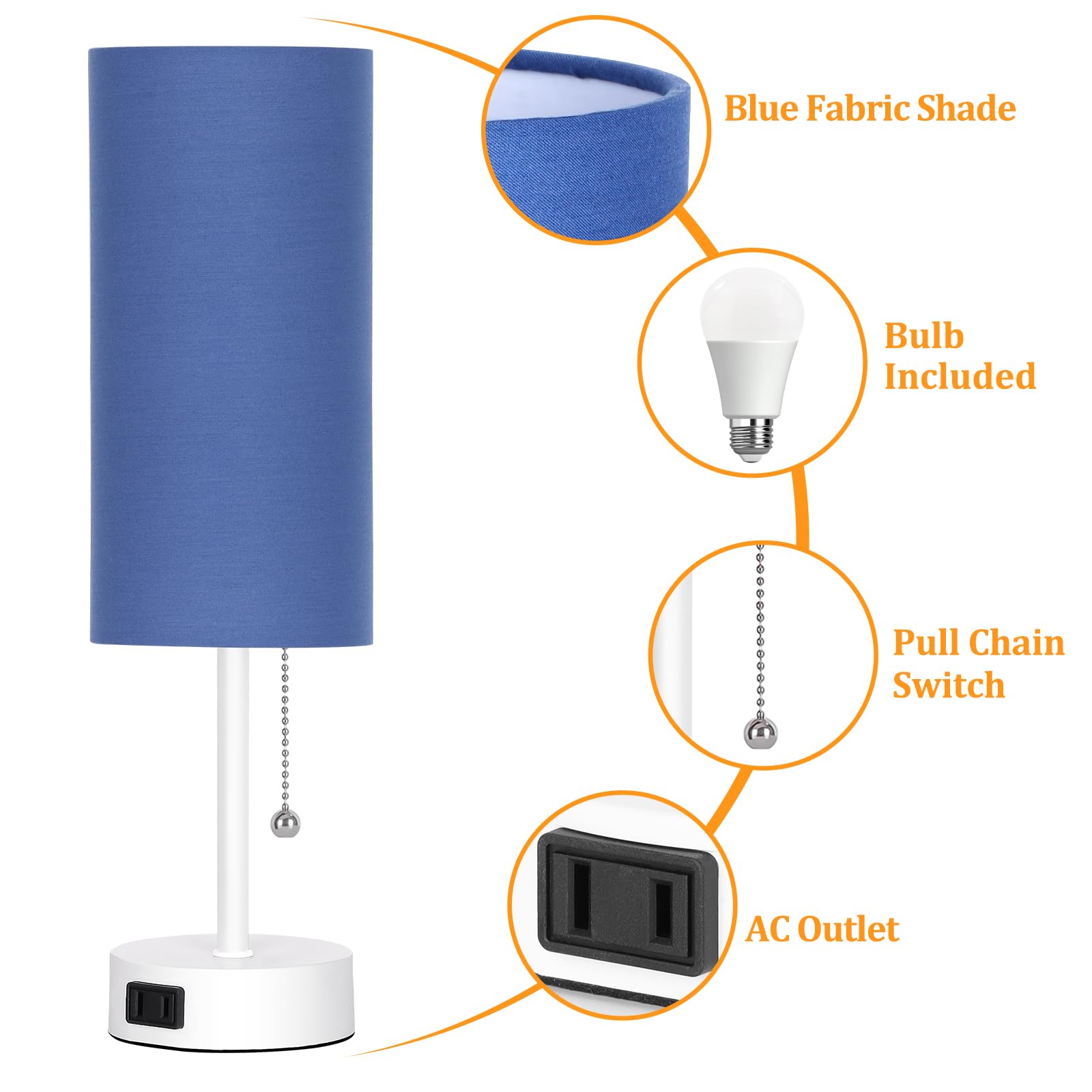 Dott Arts Table Lamp For Bedroom  3-Color Bedside Lamps With Pull Chain  Bedroom Table Lamps For Nightstand Ac Outlet Small Lamp For Living Room  Bulb Included Blue