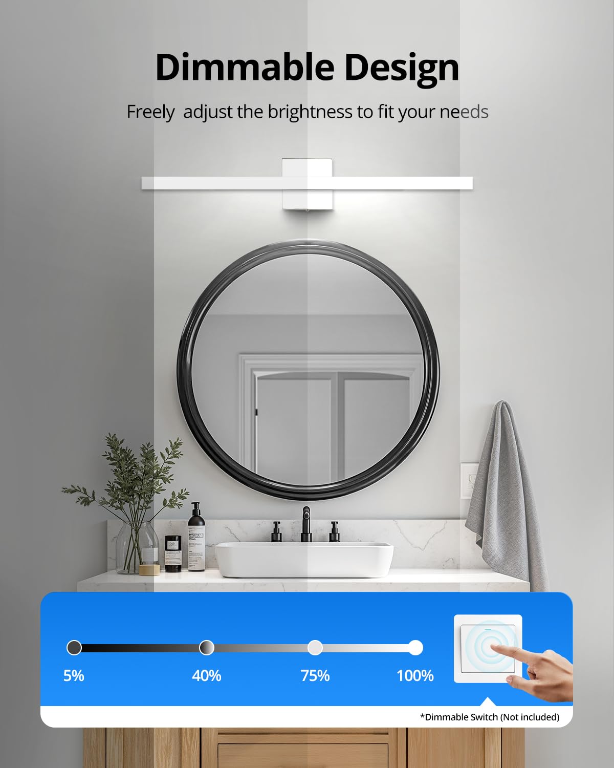Combuh 24" Dimmable Led Bathroom Vanity Light Bar, Ip44 Over Mirror, 6000K Chrome Sconce