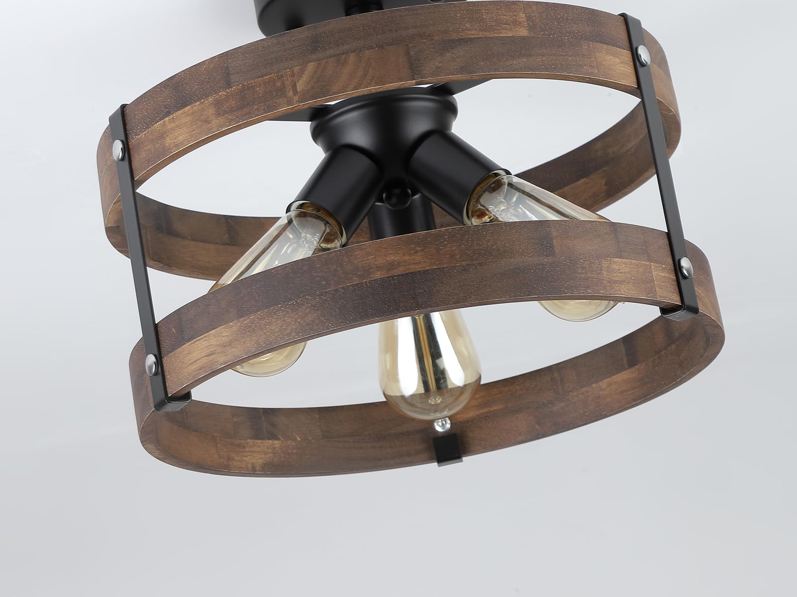 3-Light Rustic Farmhouse Wood Flush Mount Ceiling Light Fixture Oak Wood Round Drum Semi Flush Mount Ceiling Light For Hallway H