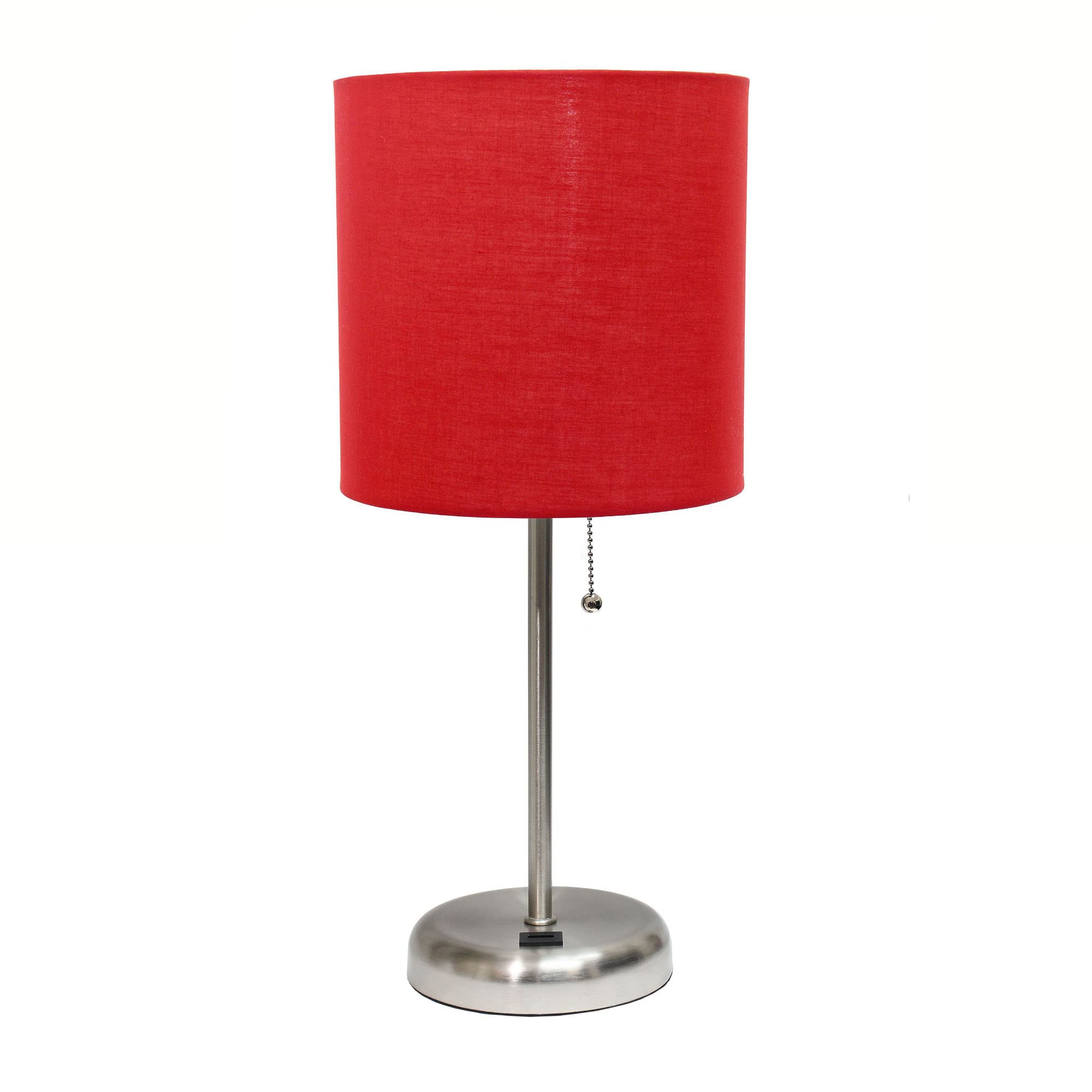 Creekwood Home Usb Table Lamp, 19.5&quot; Brushed Steel With Red Fabric Shade, Modern Design