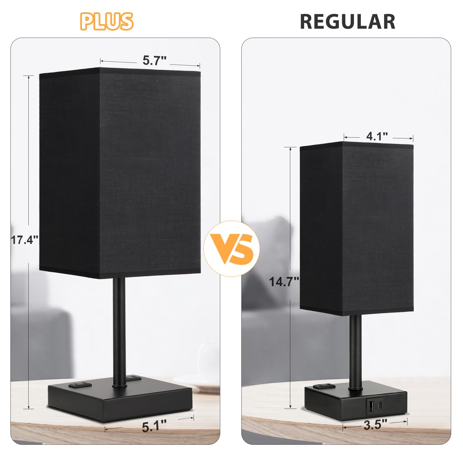 Plus Black Bedside Lamp For Nightstand - Touch Table Lamp With Type C + A And Ac Outlet, Square Charging Lamps For Bedroom Decor