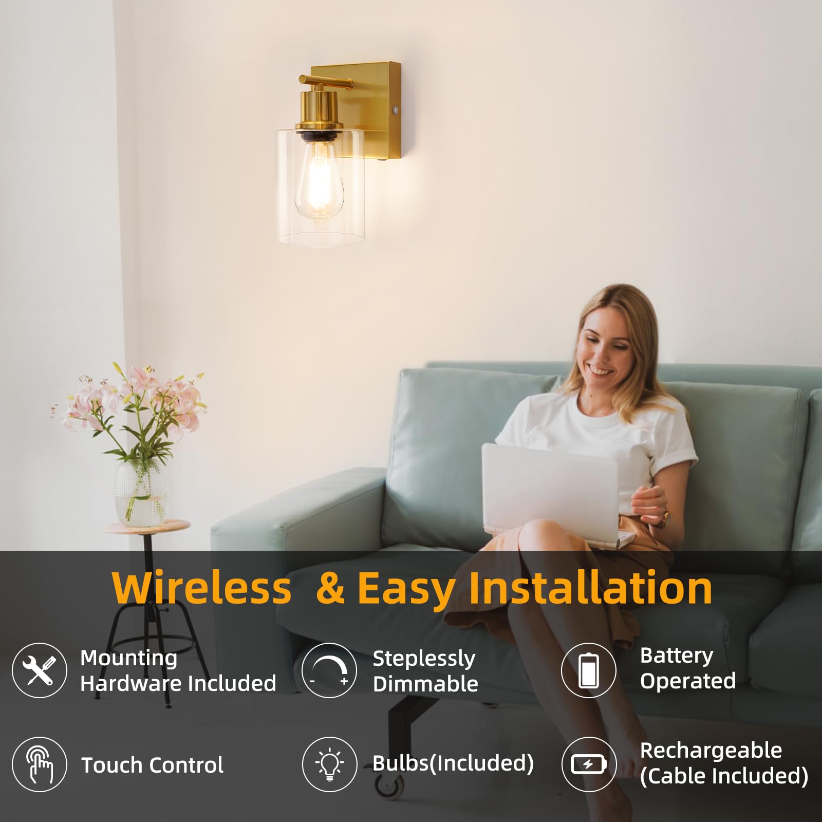 Wall Lights Set Of 2, Battery Operated Wall Sconces, Modern Brushed Brass Dimmable Wireless Rechargeable Wall Mounted Lamp For B