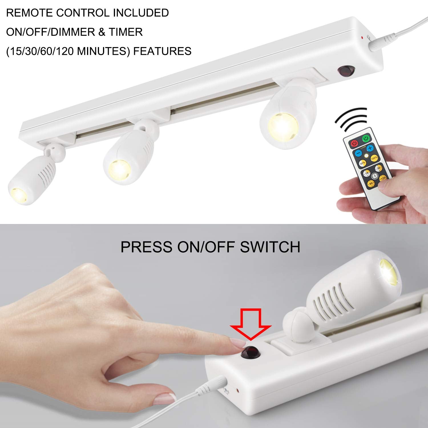 HONWELL LED Track Lighting with 3 Rotatable Heads, Remote Controlled, White, Model H1830, 1 Count