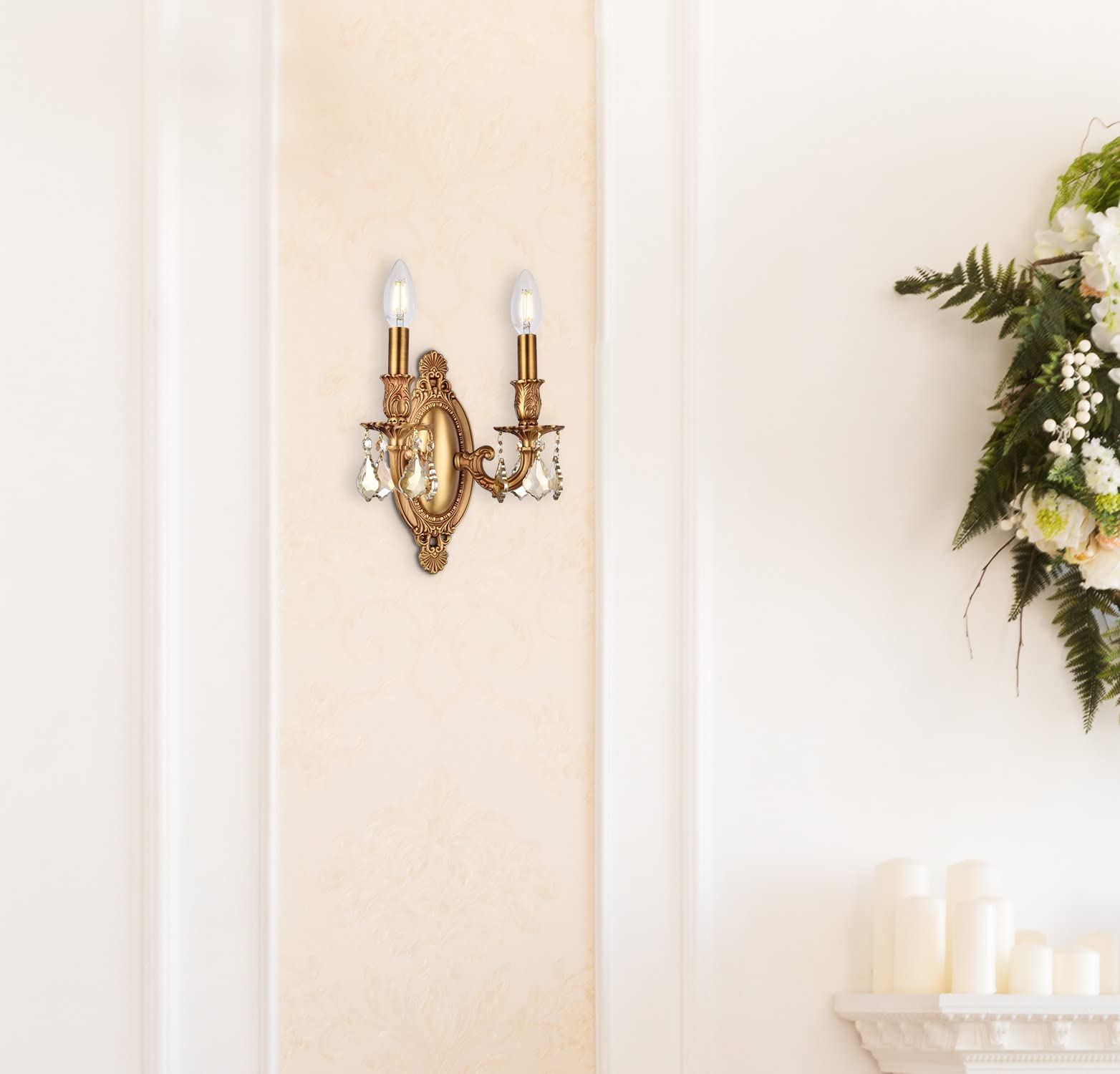 Elegant Lighting 2-Light Crystal Wall Sconce, French Gold Finish, Smoky Golden Teak Crystals, 5.5inL x 9inW x 10.5inH, Model 920