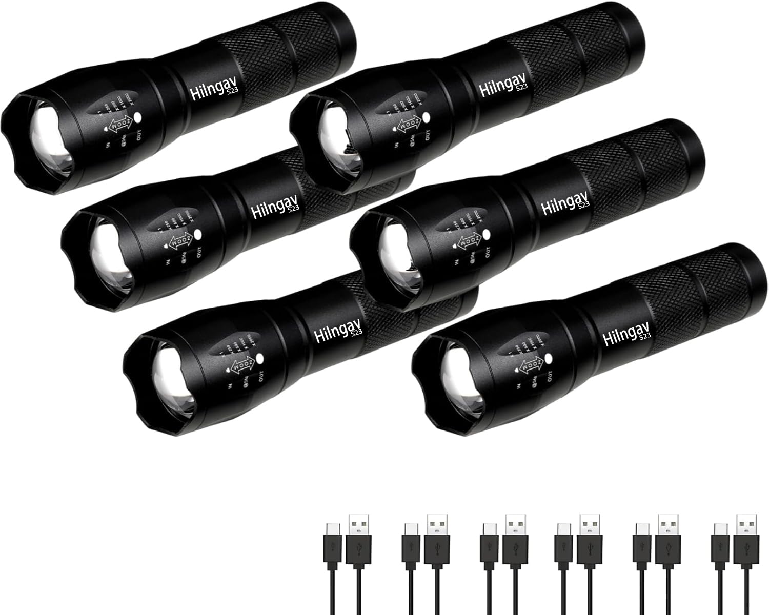 Hilngav 6 Pack LED Rechargeable Flashlight, Super Bright Small MiniCamping Flashlights Zoomable Beam, Convenient USB C Charging 
