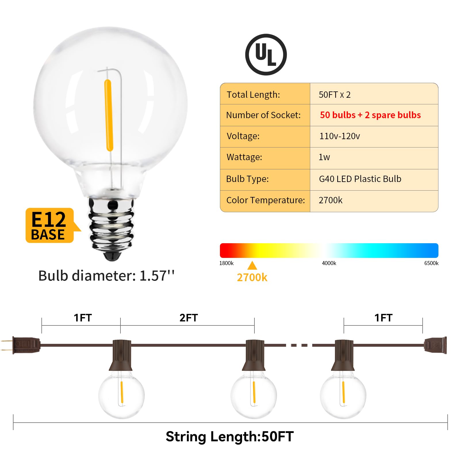 100Ft 2-Pack Outdoor String Lights,Dimmable G40 Led String Lights With 52 Shatterproof Clear Bulbs Ul Approval Waterproof Globe
