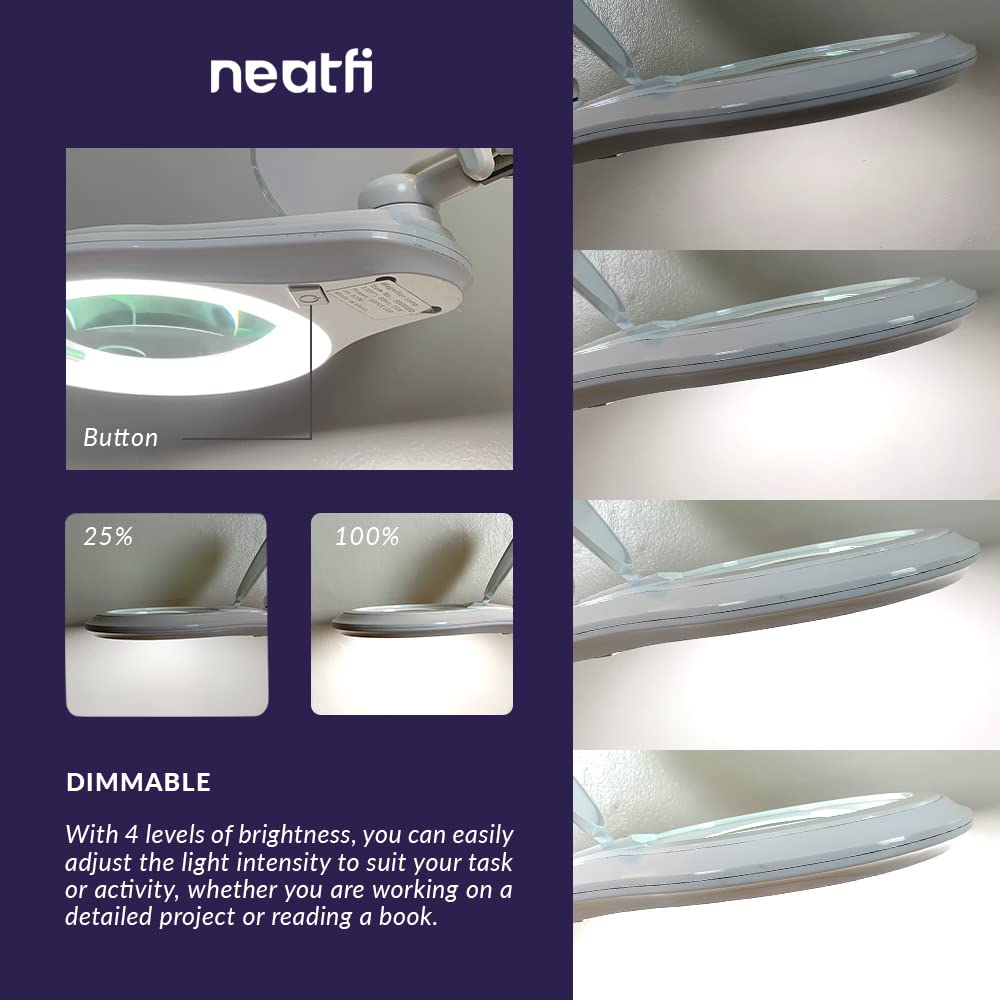 Neatfi (New Model Bifocals 1 200 Lumens Super Led Magnifying Lamp With Clamp  Dimmable  5 Inches Diameter Lens  Adjustable Arm Utility Clamp (8 Diopter + 20 Diopter  White)